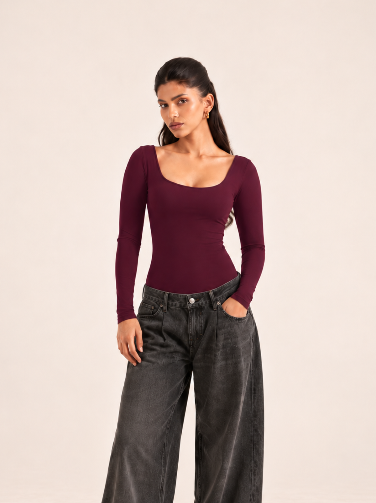 KAYSCULPT™ FULL SLEEVES WINE BUILT-IN BRA & SHAPEWEAR BODYSUIT