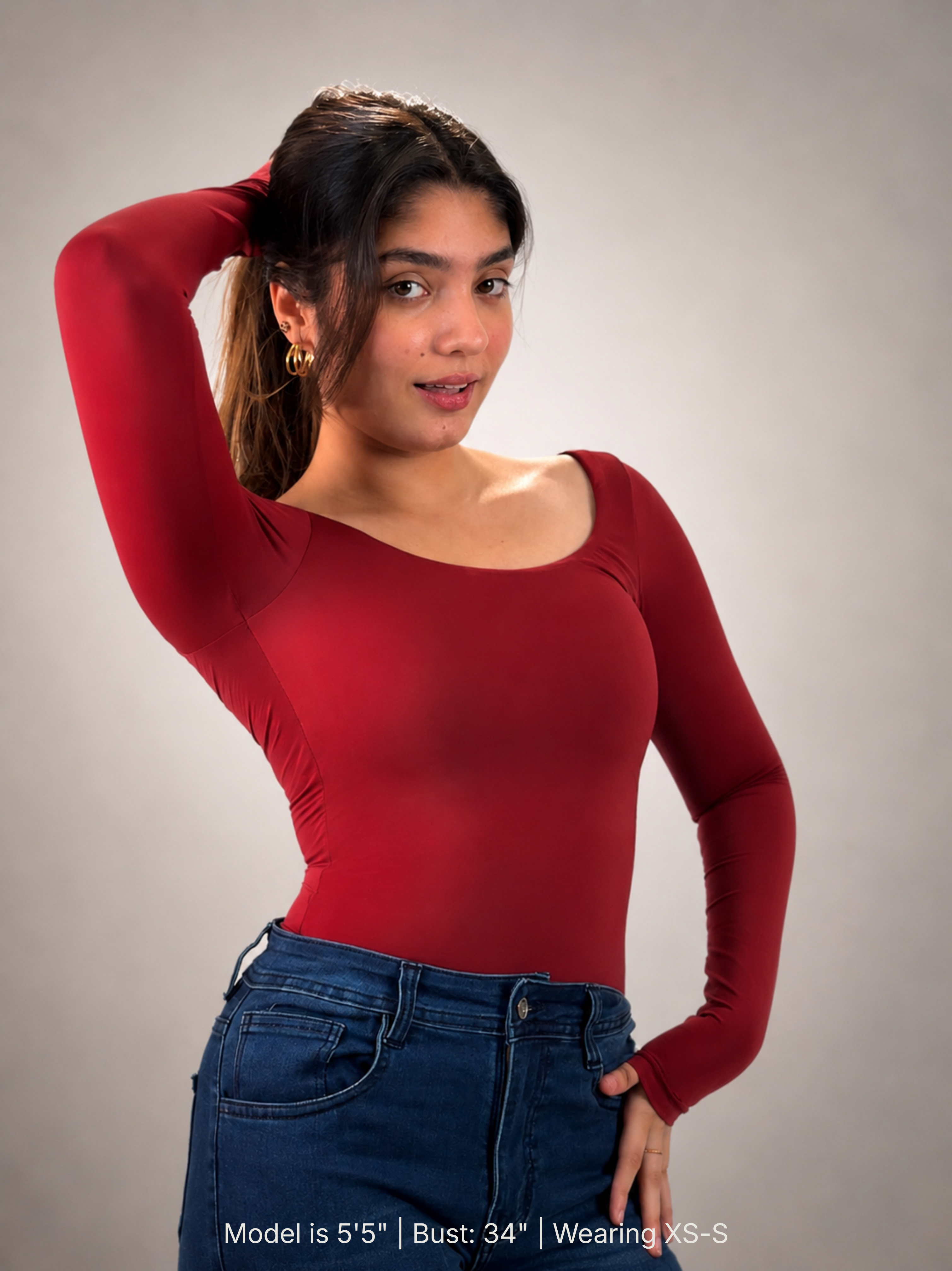 CHERRY RED FULL SLEEVES BUILT-IN SHAPEWEAR BODYSUIT