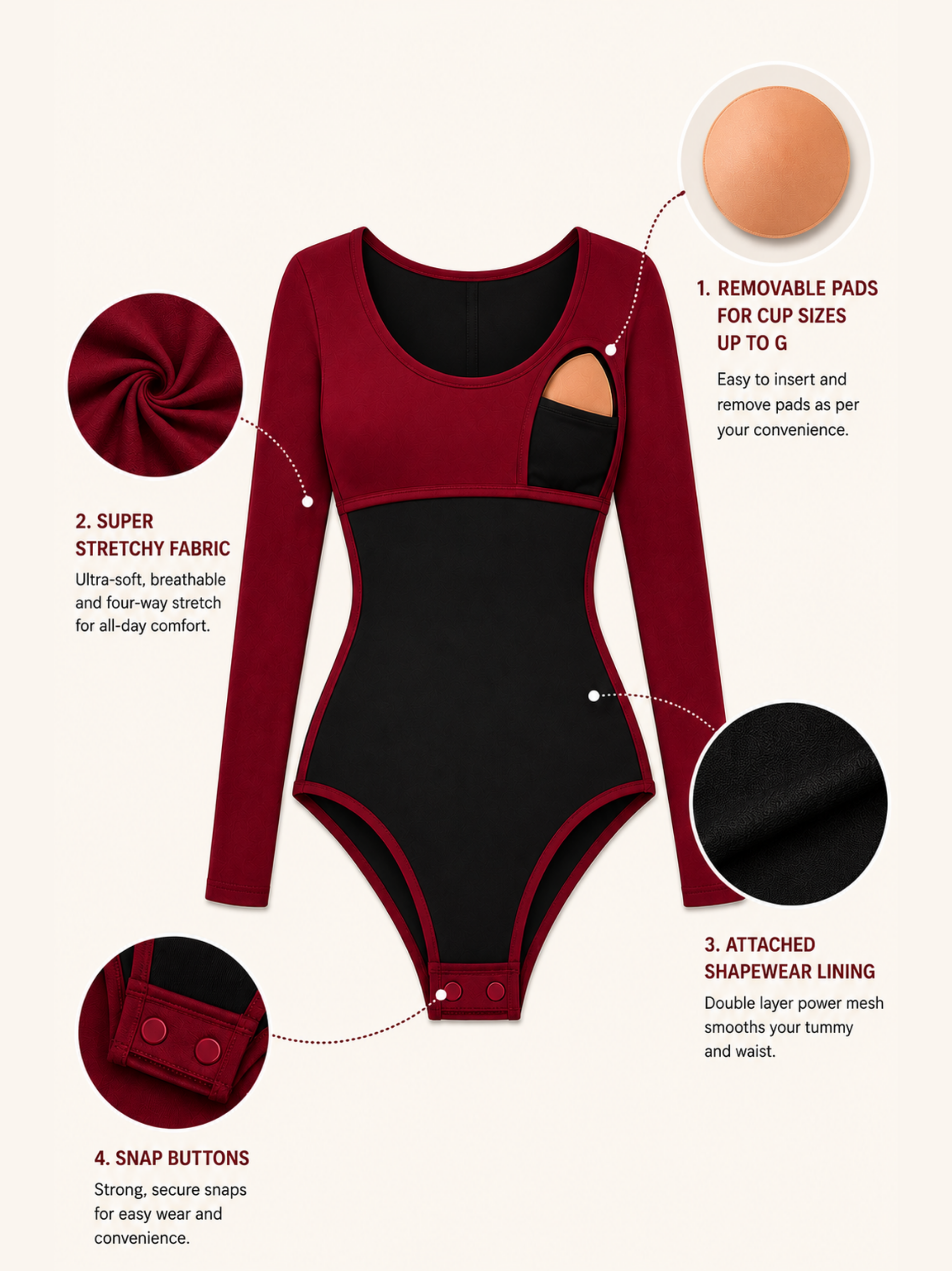 CHERRY RED FULL SLEEVES BUILT-IN SHAPEWEAR BODYSUIT