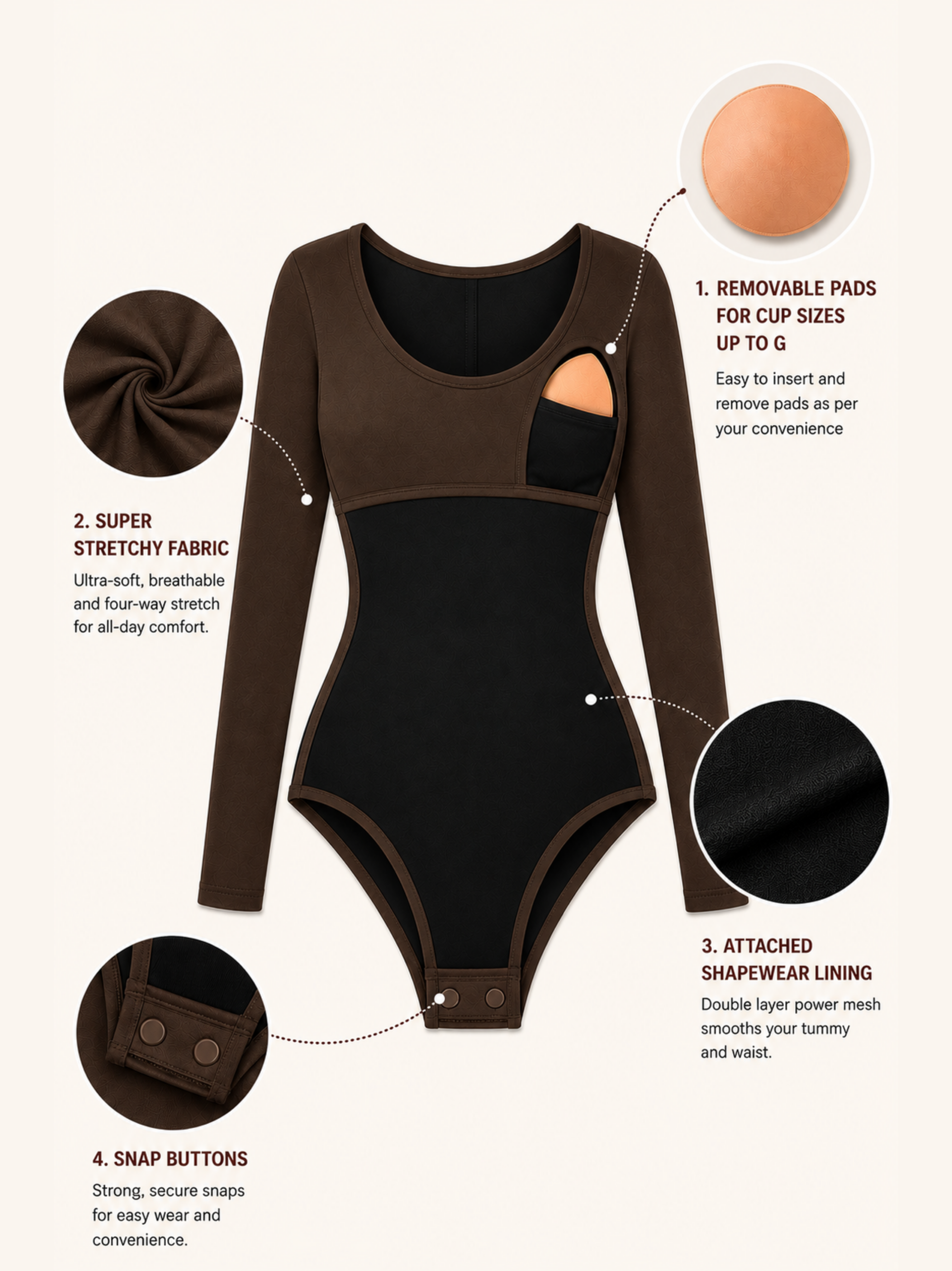 BROWN FULL SLEEVES BUILT-IN SHAPEWEAR BODYSUIT