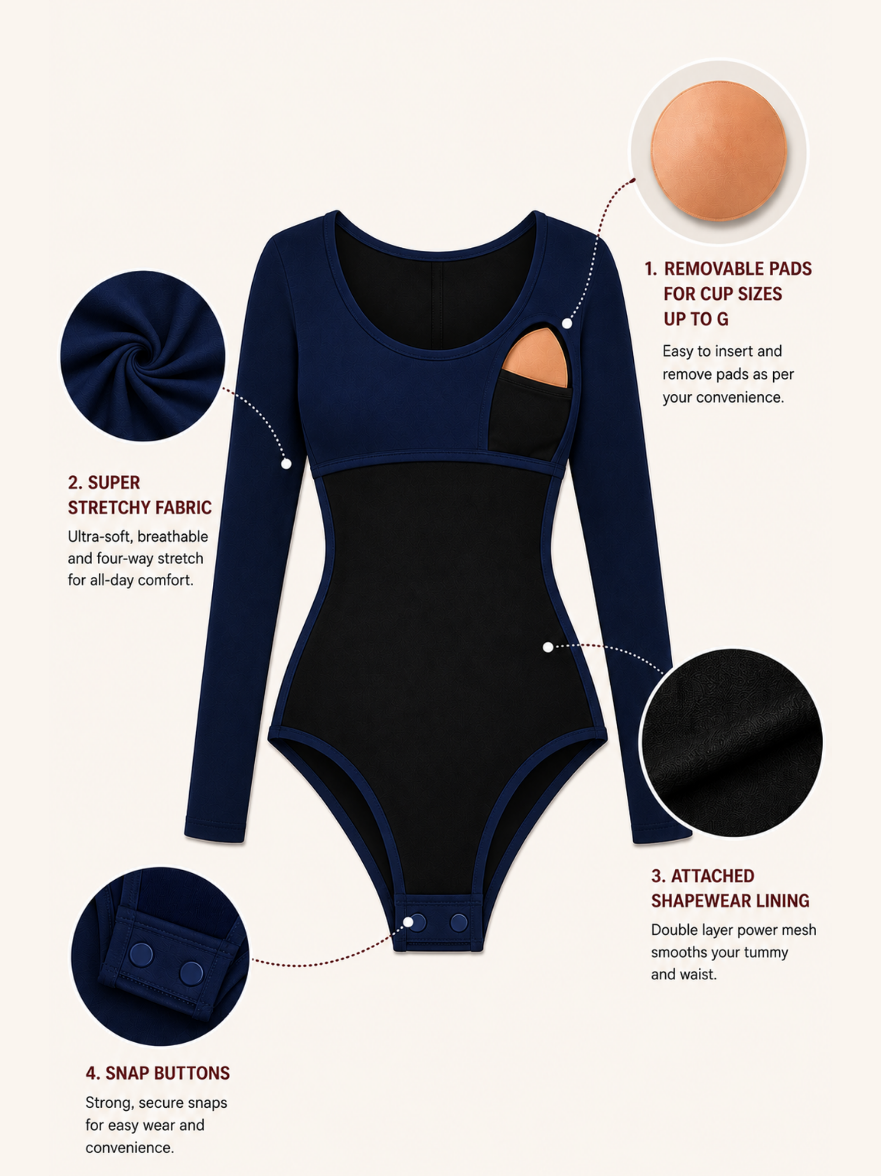 NAVY BLUE FULL SLEEVES BUILT-IN SHAPEWEAR BODYSUIT