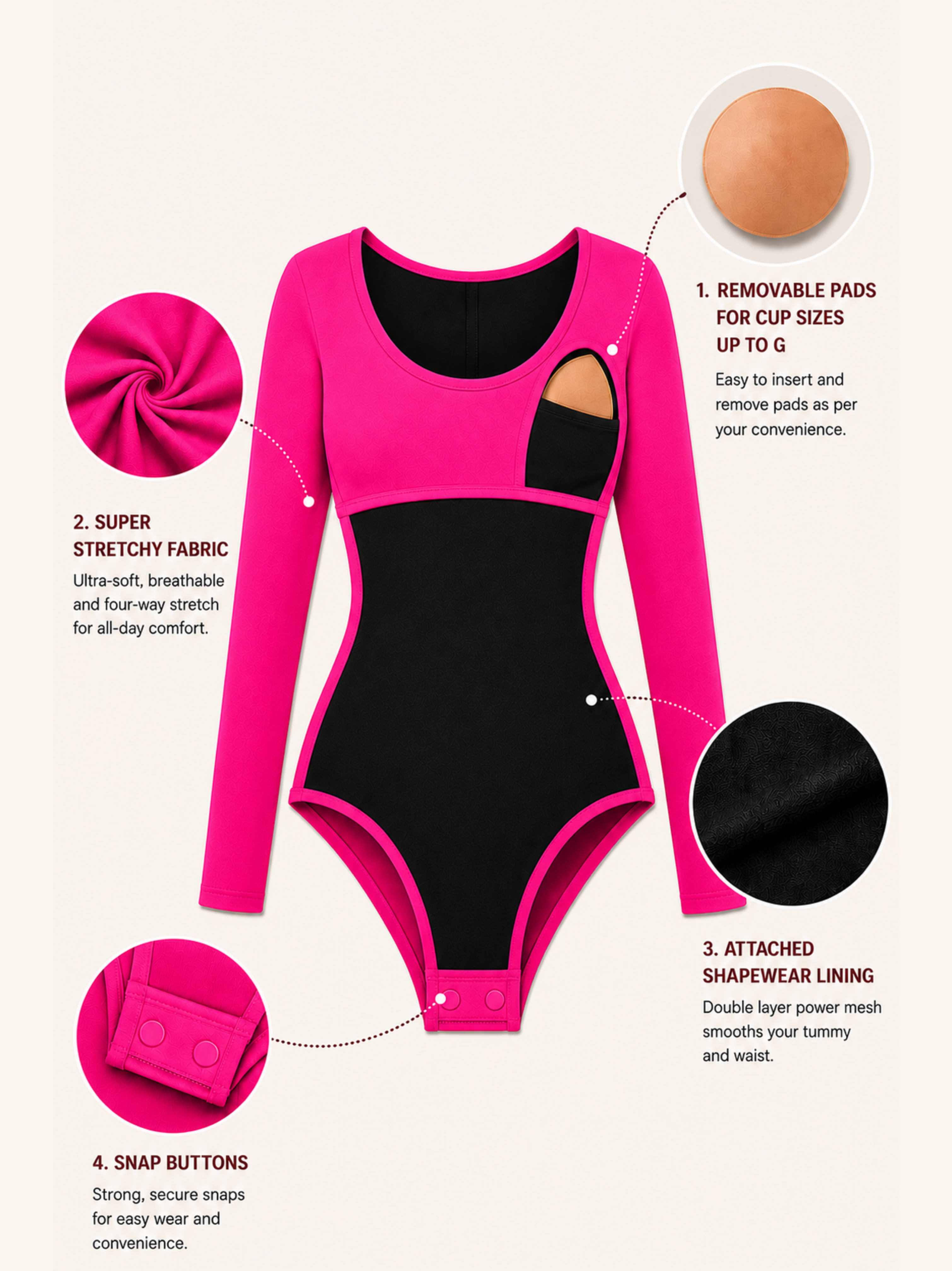 PINK FULL SLEEVES BUILT-IN SHAPEWEAR BODYSUIT