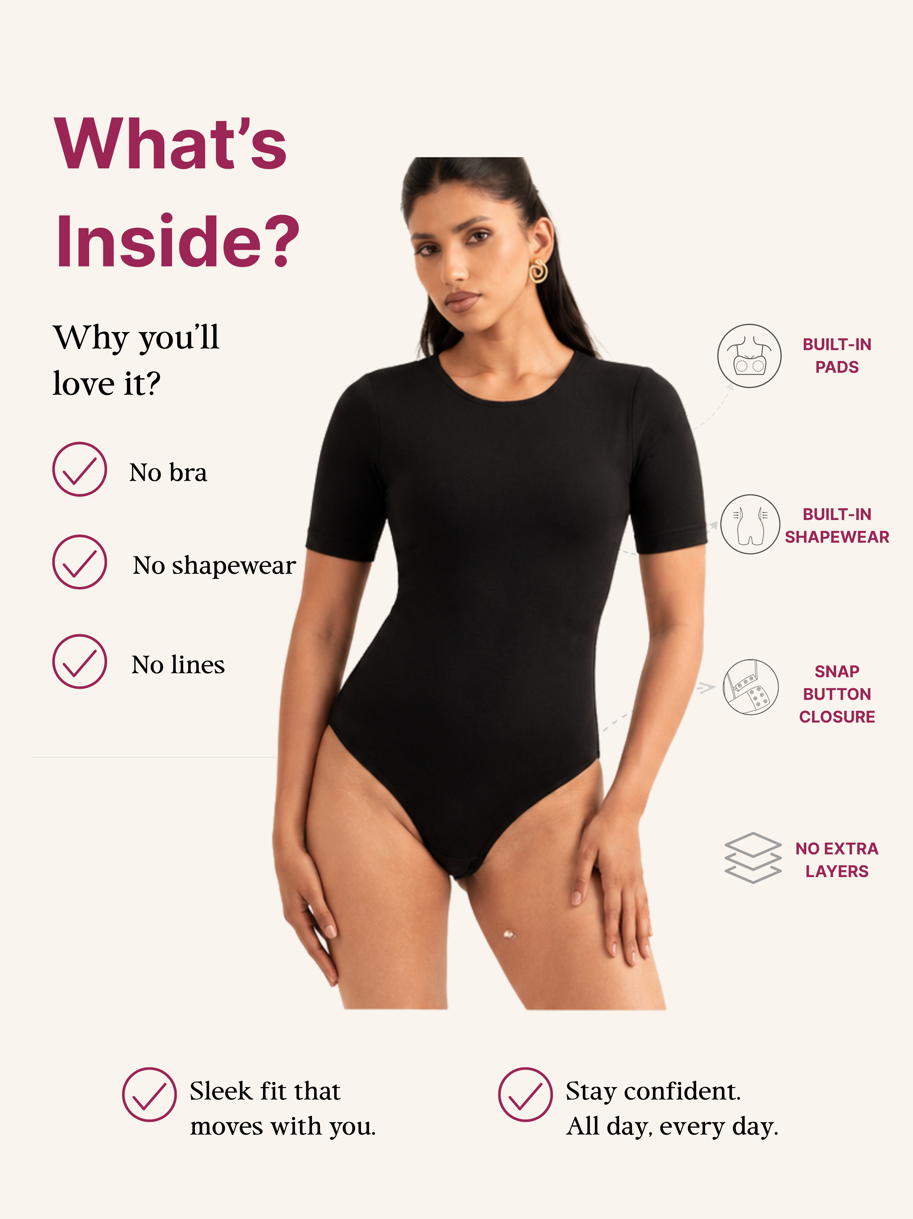 HALF SLEEVES BLACK BUILT-IN SHAPEWEAR BODYSUIT