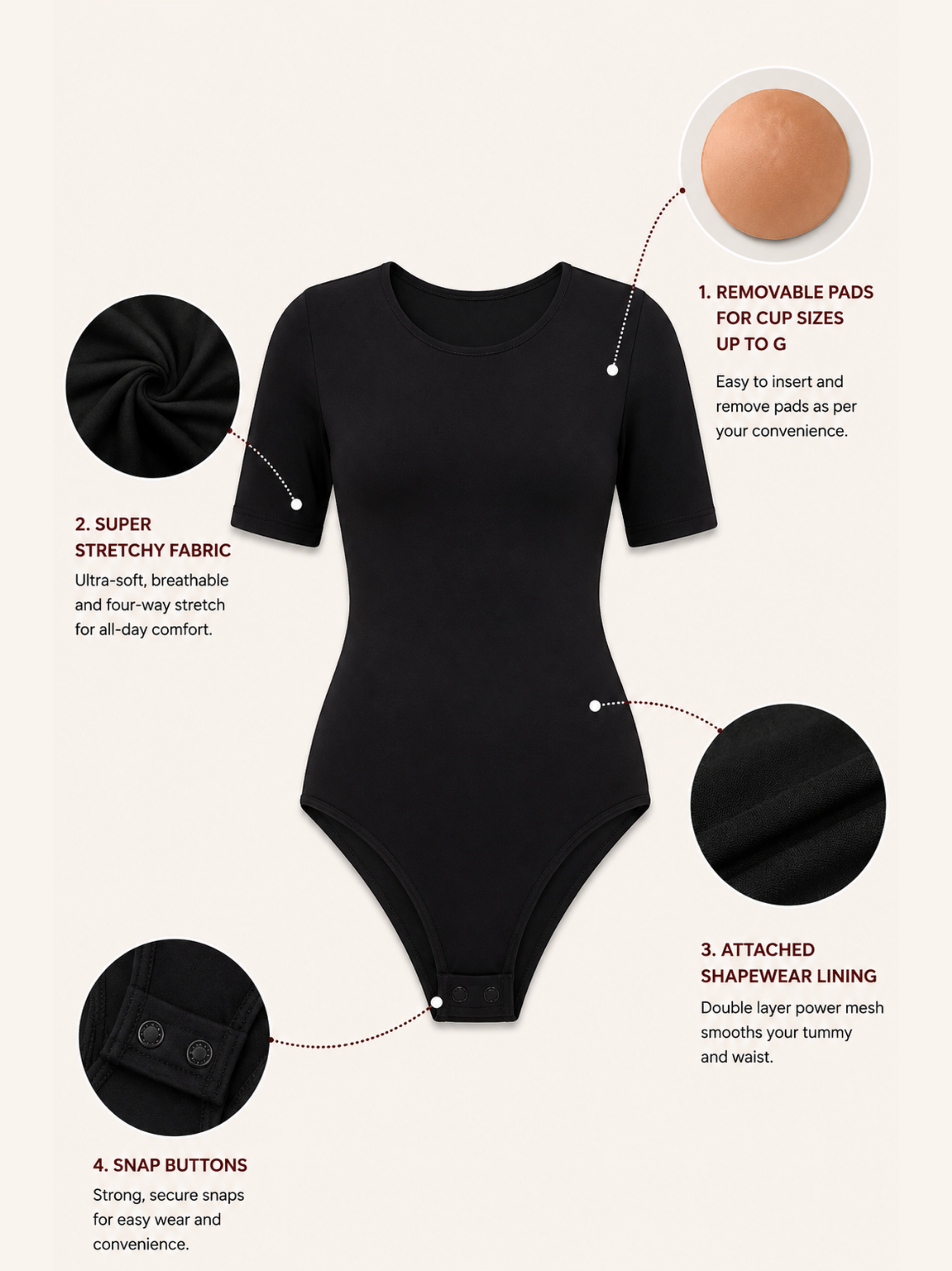HALF SLEEVES BLACK BUILT-IN SHAPEWEAR BODYSUIT