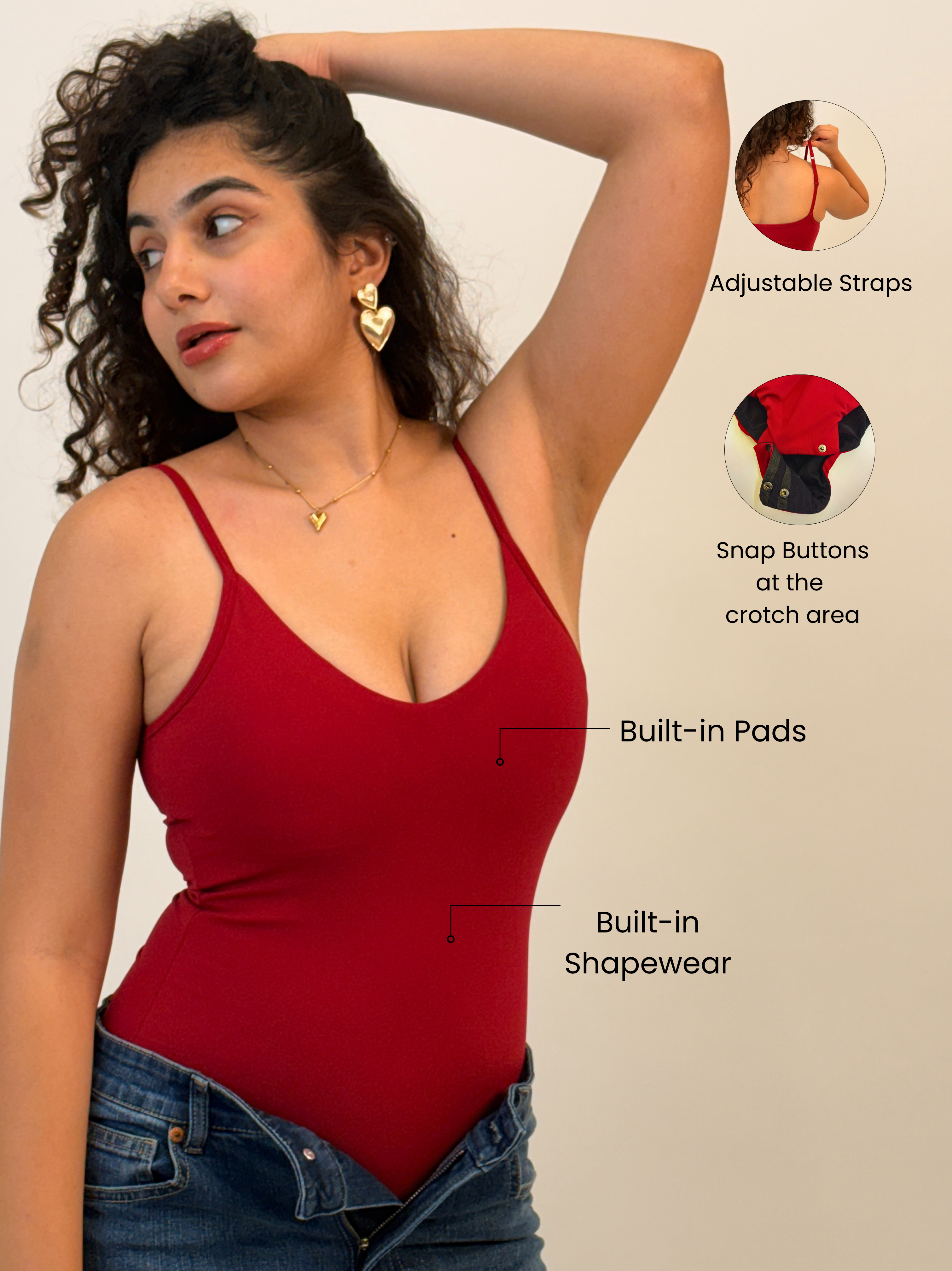 CHERRY RED BUILT-IN SHAPEWEAR STRAPS BODYSUIT