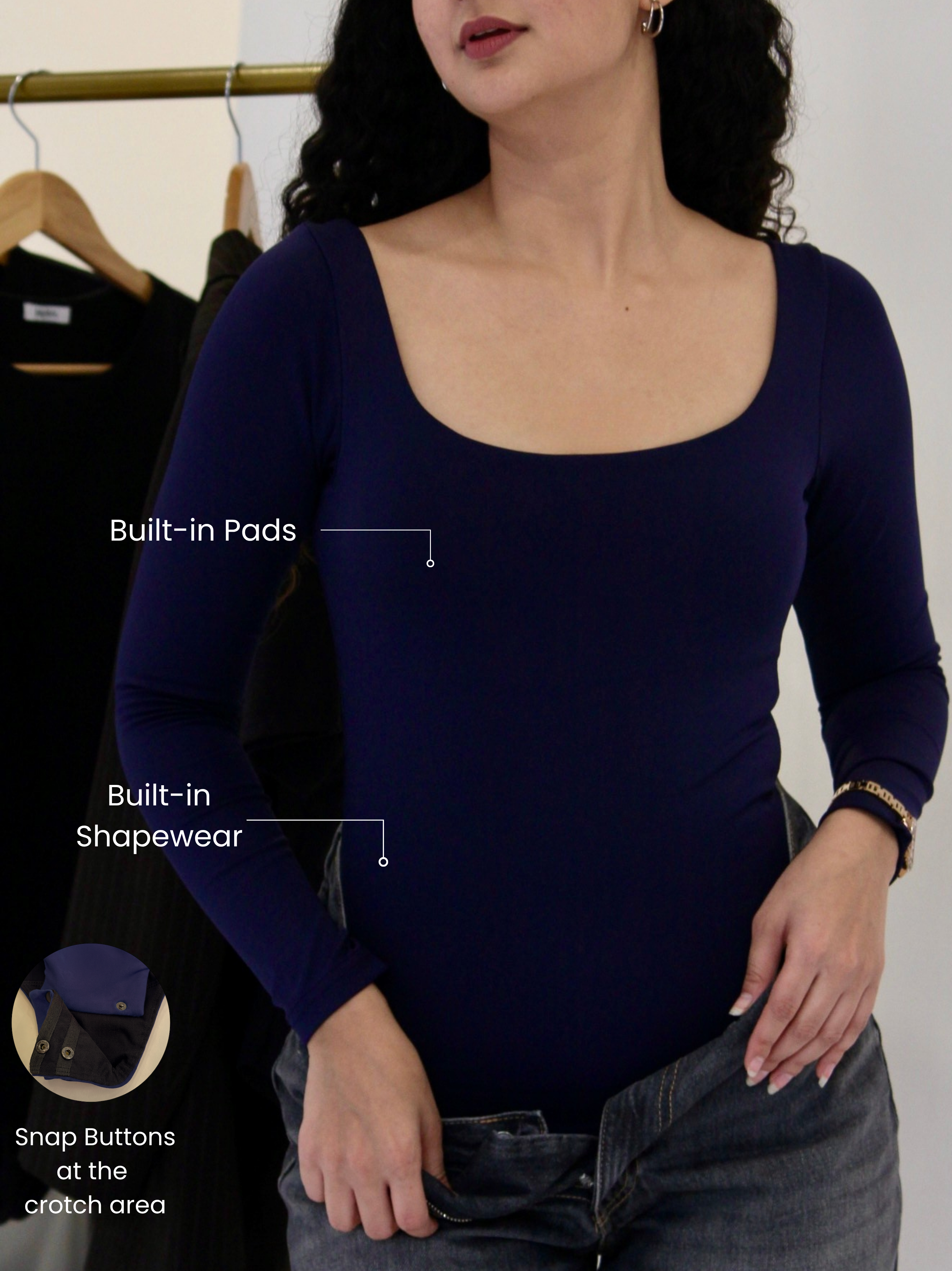 NAVY BLUE FULL SLEEVES BUILT-IN SHAPEWEAR BODYSUIT