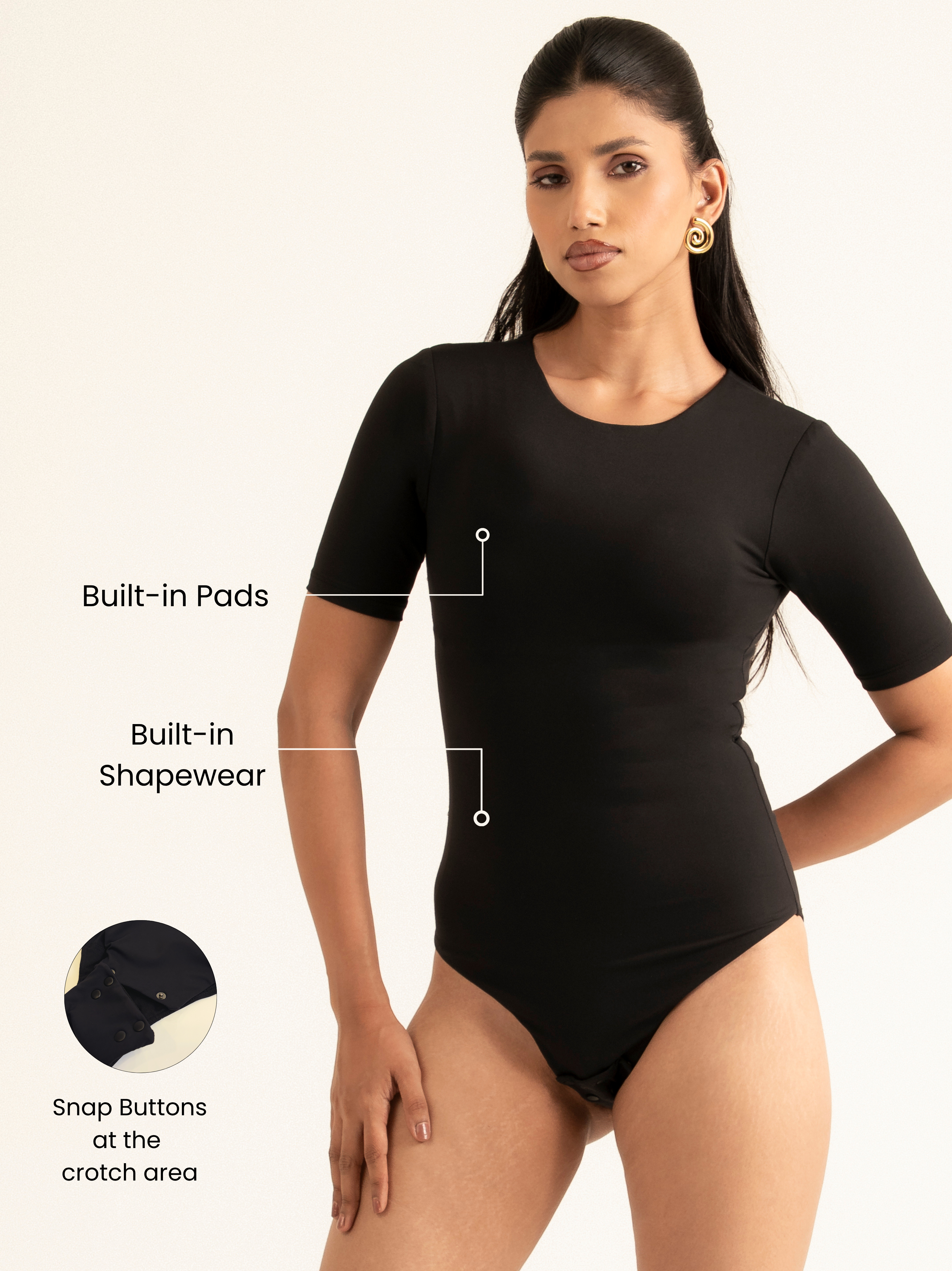 HALF SLEEVES BLACK BUILT-IN SHAPEWEAR BODYSUIT