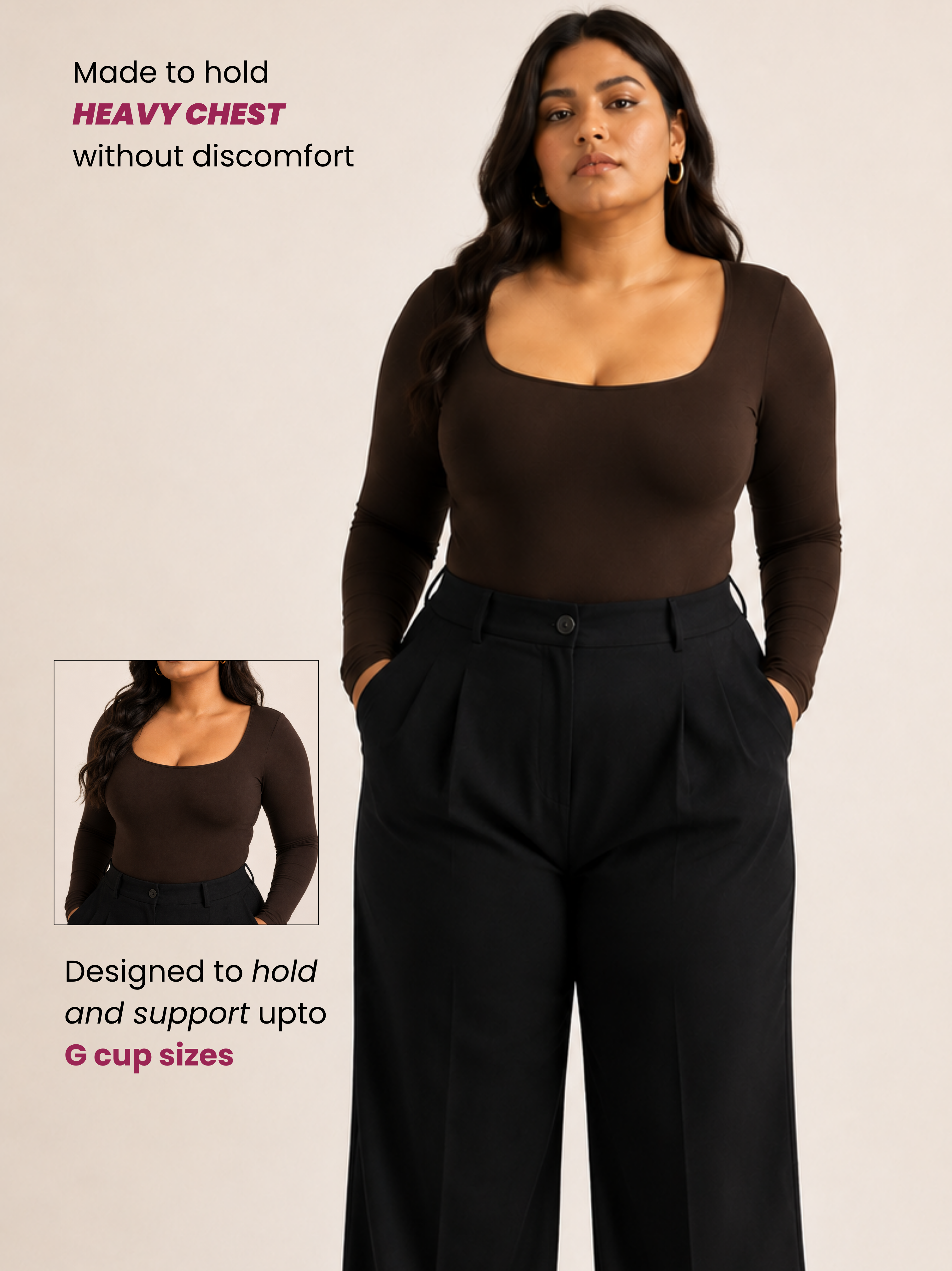BROWN FULL SLEEVES BUILT-IN SHAPEWEAR BODYSUIT