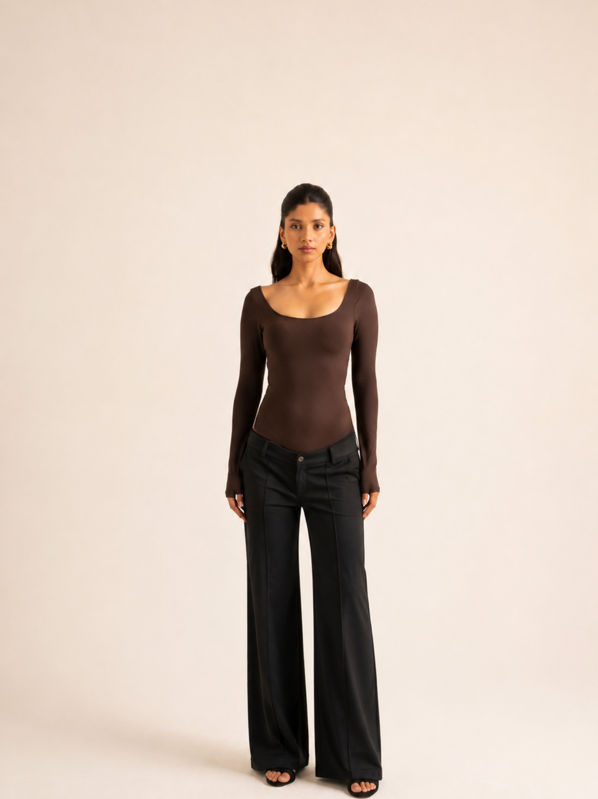 KAYSCULPT™ FULL SLEEVES BROWN BUILT-IN BRA & SHAPEWEAR BODYSUIT