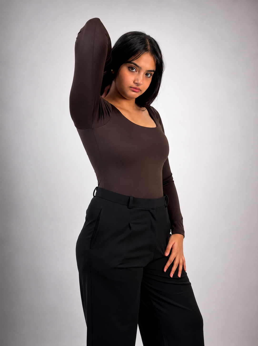 BROWN FULL SLEEVES BUILT-IN SHAPEWEAR BODYSUIT
