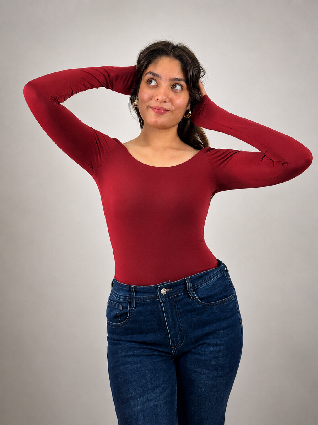 CHERRY RED FULL SLEEVES BUILT-IN SHAPEWEAR BODYSUIT