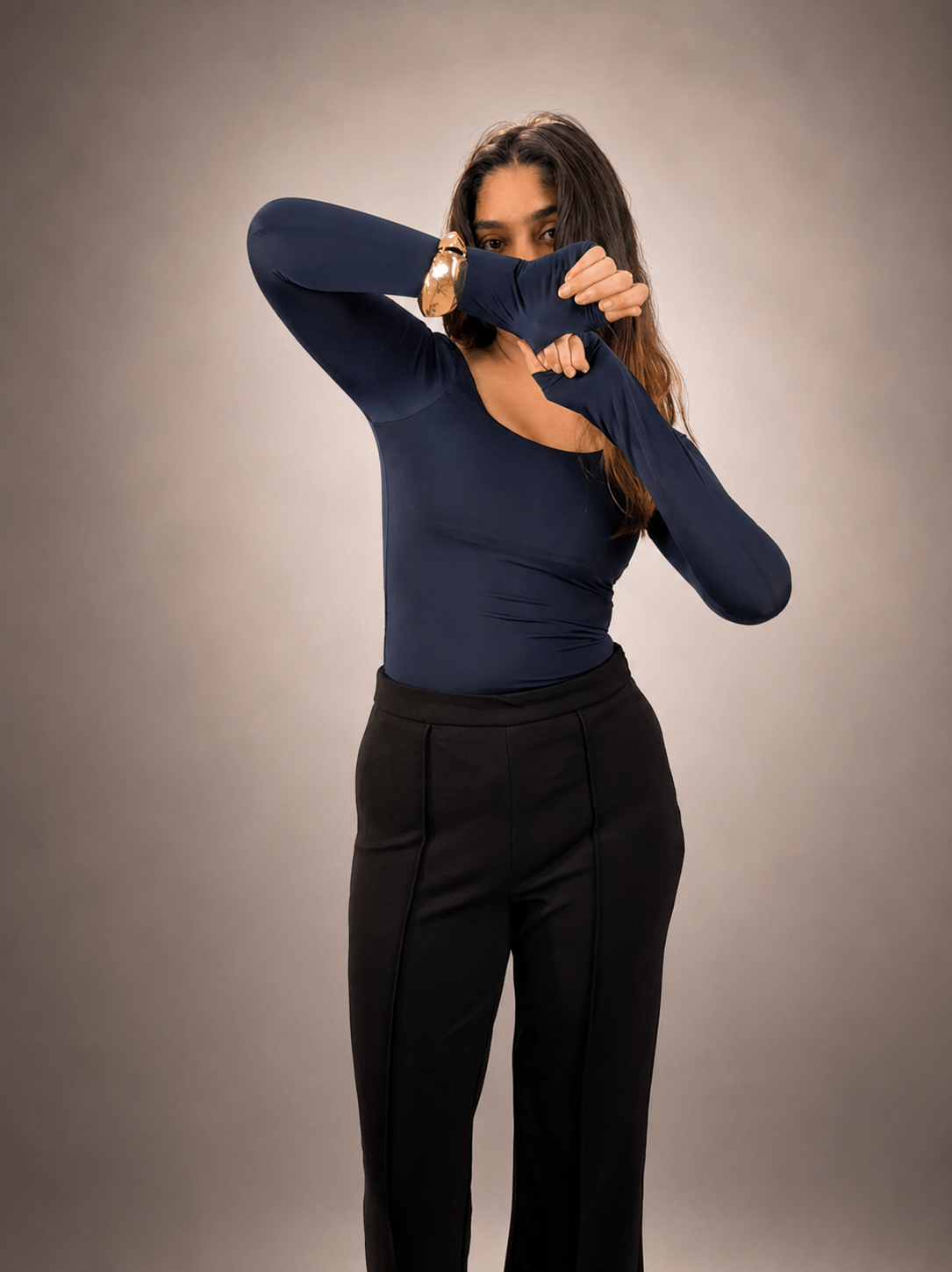 NAVY BLUE FULL SLEEVES BUILT-IN SHAPEWEAR BODYSUIT