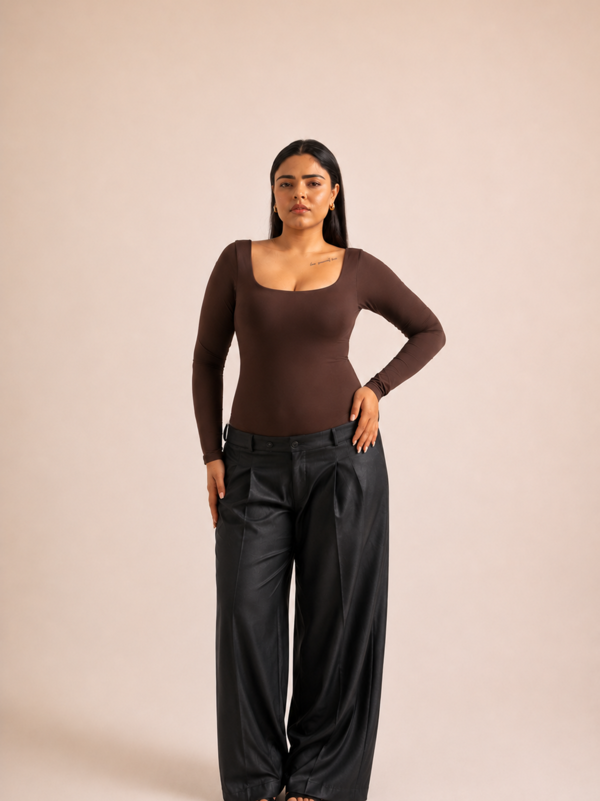 KAYSCULPT™ FULL SLEEVES BROWN BUILT-IN BRA & SHAPEWEAR BODYSUIT