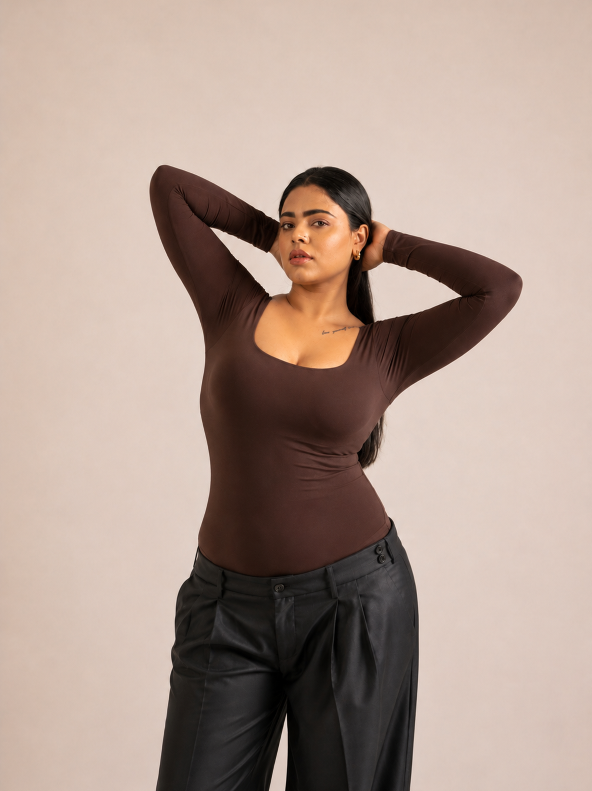 KAYSCULPT™ FULL SLEEVES BROWN BUILT-IN BRA & SHAPEWEAR BODYSUIT
