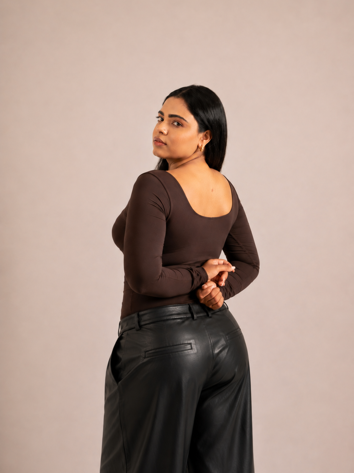 KAYSCULPT™ FULL SLEEVES BROWN BUILT-IN BRA & SHAPEWEAR BODYSUIT