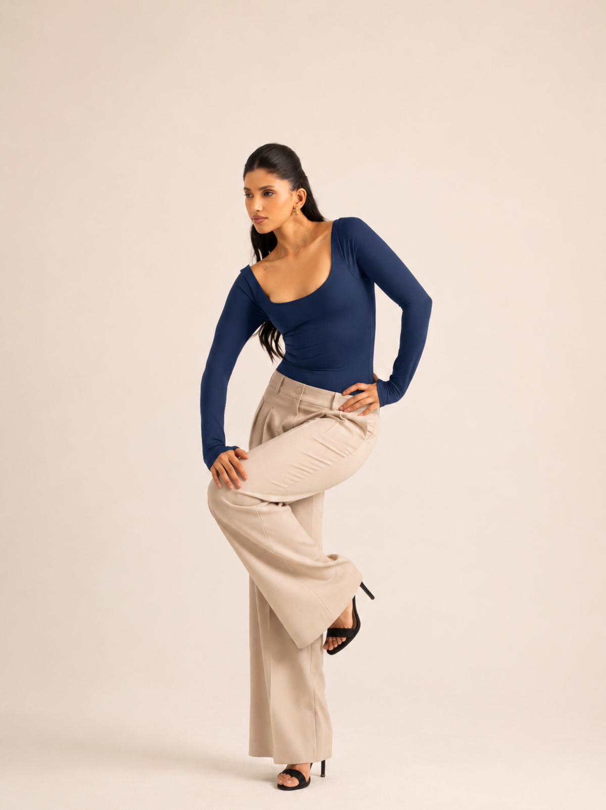 KAYSCULPT™  FULL SLEEVES NAVY BLUE BUILT-IN BRA & SHAPEWEAR BODYSUIT