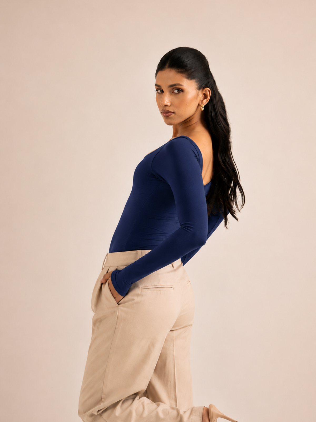 KAYSCULPT™  FULL SLEEVES NAVY BLUE BUILT-IN BRA & SHAPEWEAR BODYSUIT