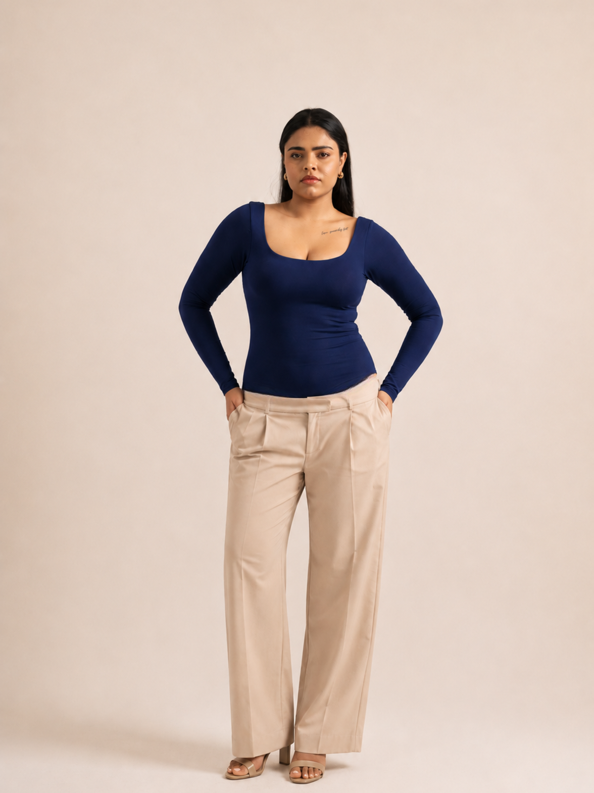 KAYSCULPT™  FULL SLEEVES NAVY BLUE BUILT-IN BRA & SHAPEWEAR BODYSUIT