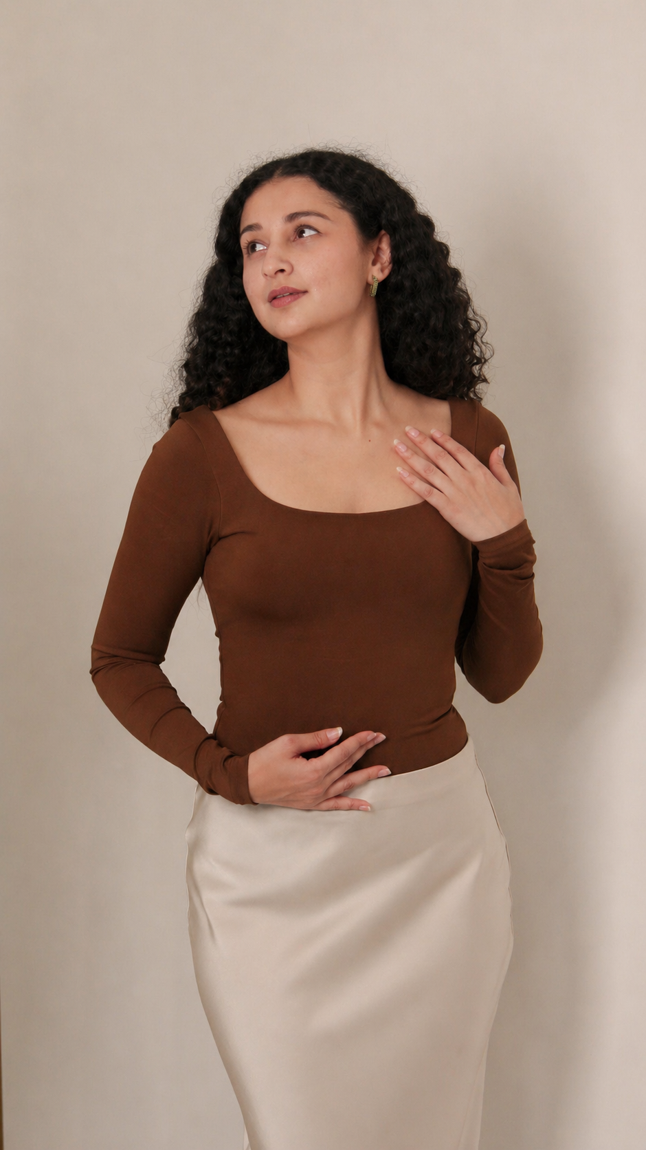 BROWN FULL SLEEVES BUILT-IN BRA BODYSUIT
