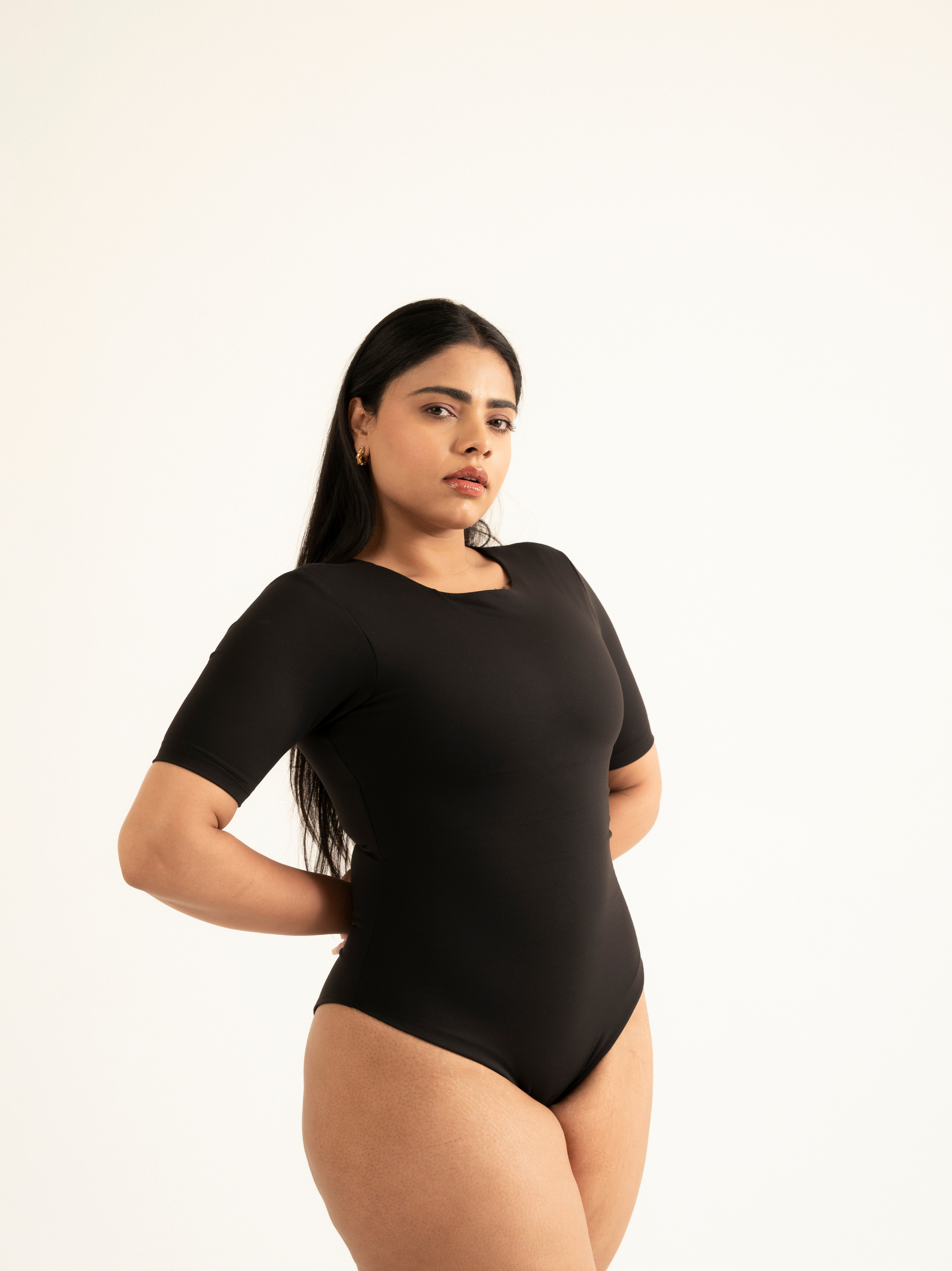 HALF SLEEVES BLACK BUILT-IN SHAPEWEAR BODYSUIT