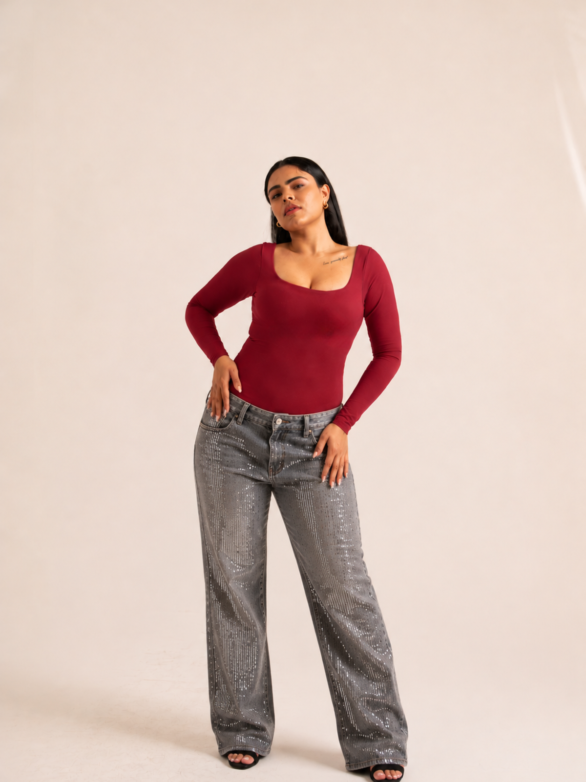 KAYSCULPT™ FULL SLEEVES CHERRY RED BUILT-IN BRA & SHAPEWEAR BODYSUIT