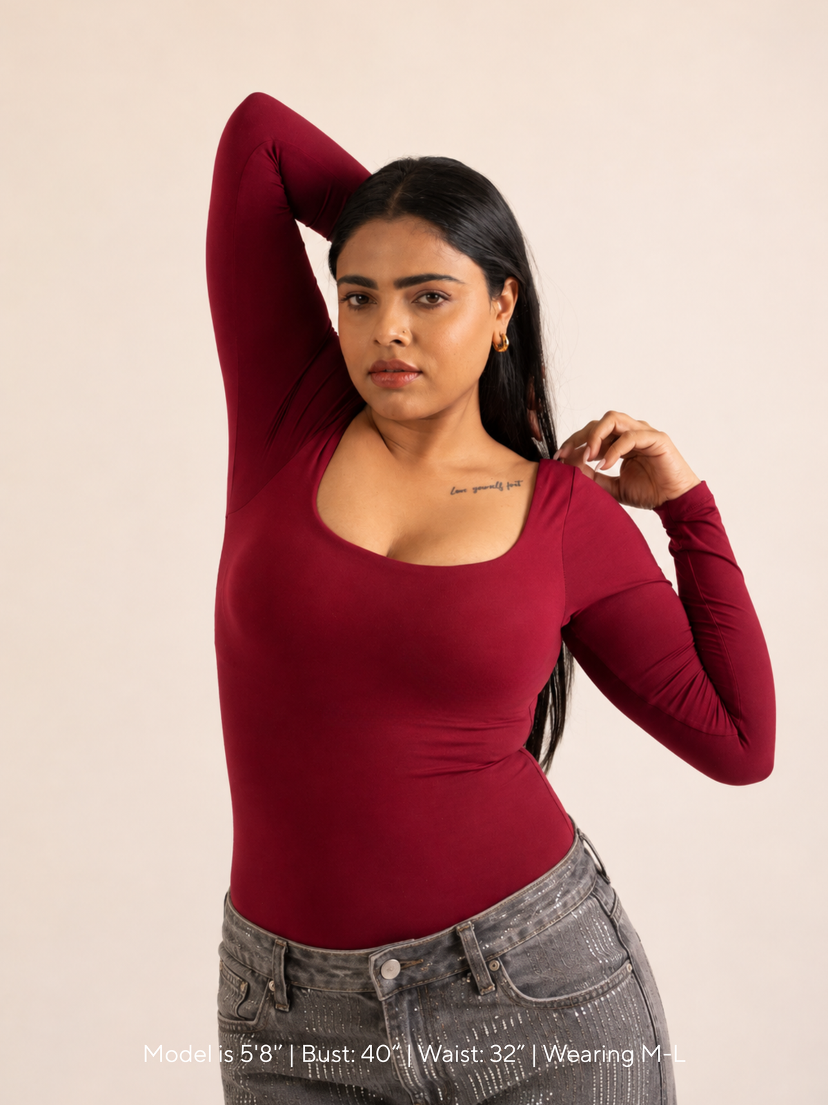 KAYSCULPT™ FULL SLEEVES CHERRY RED BUILT-IN BRA & SHAPEWEAR BODYSUIT