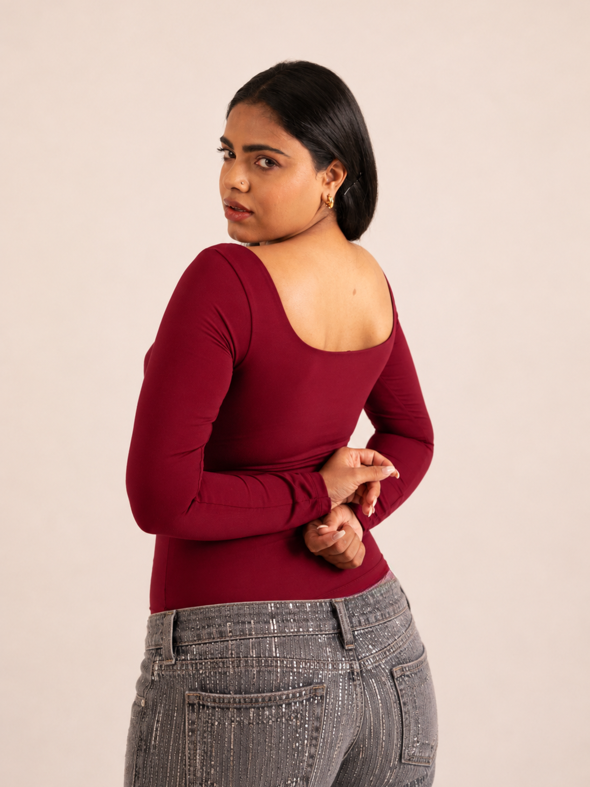 KAYSCULPT™ FULL SLEEVES CHERRY RED BUILT-IN BRA & SHAPEWEAR BODYSUIT