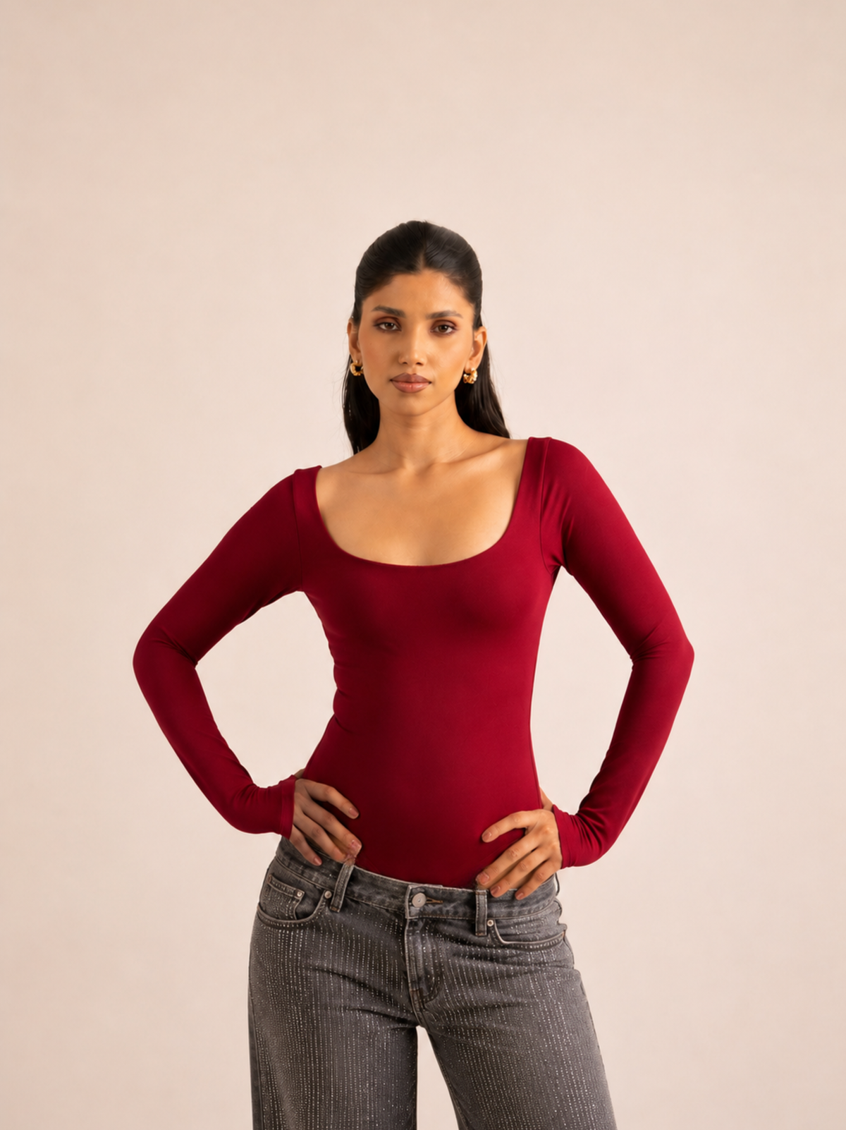 KAYSCULPT™ FULL SLEEVES CHERRY RED BUILT-IN BRA & SHAPEWEAR BODYSUIT