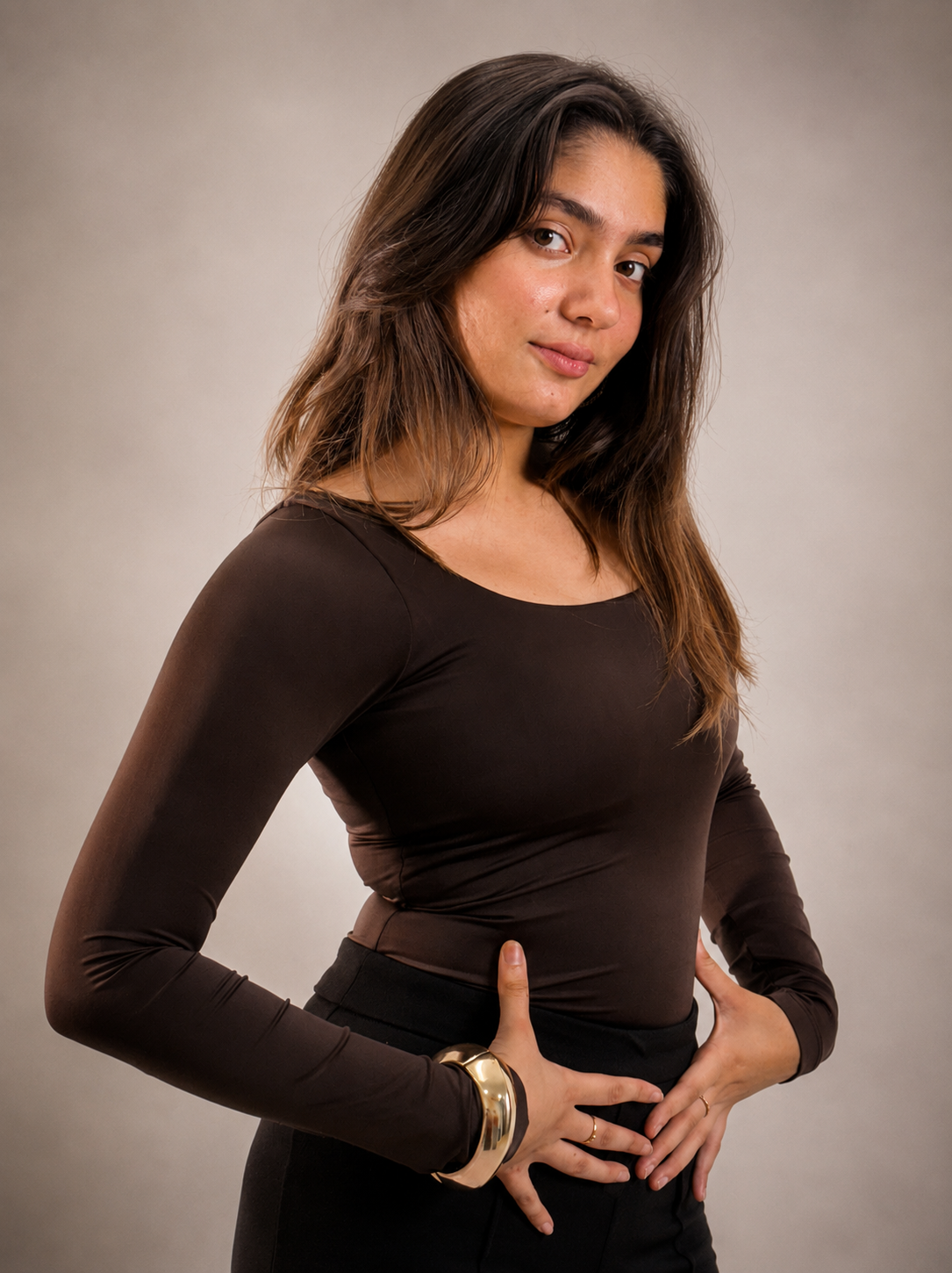 BROWN FULL SLEEVES BUILT-IN SHAPEWEAR BODYSUIT