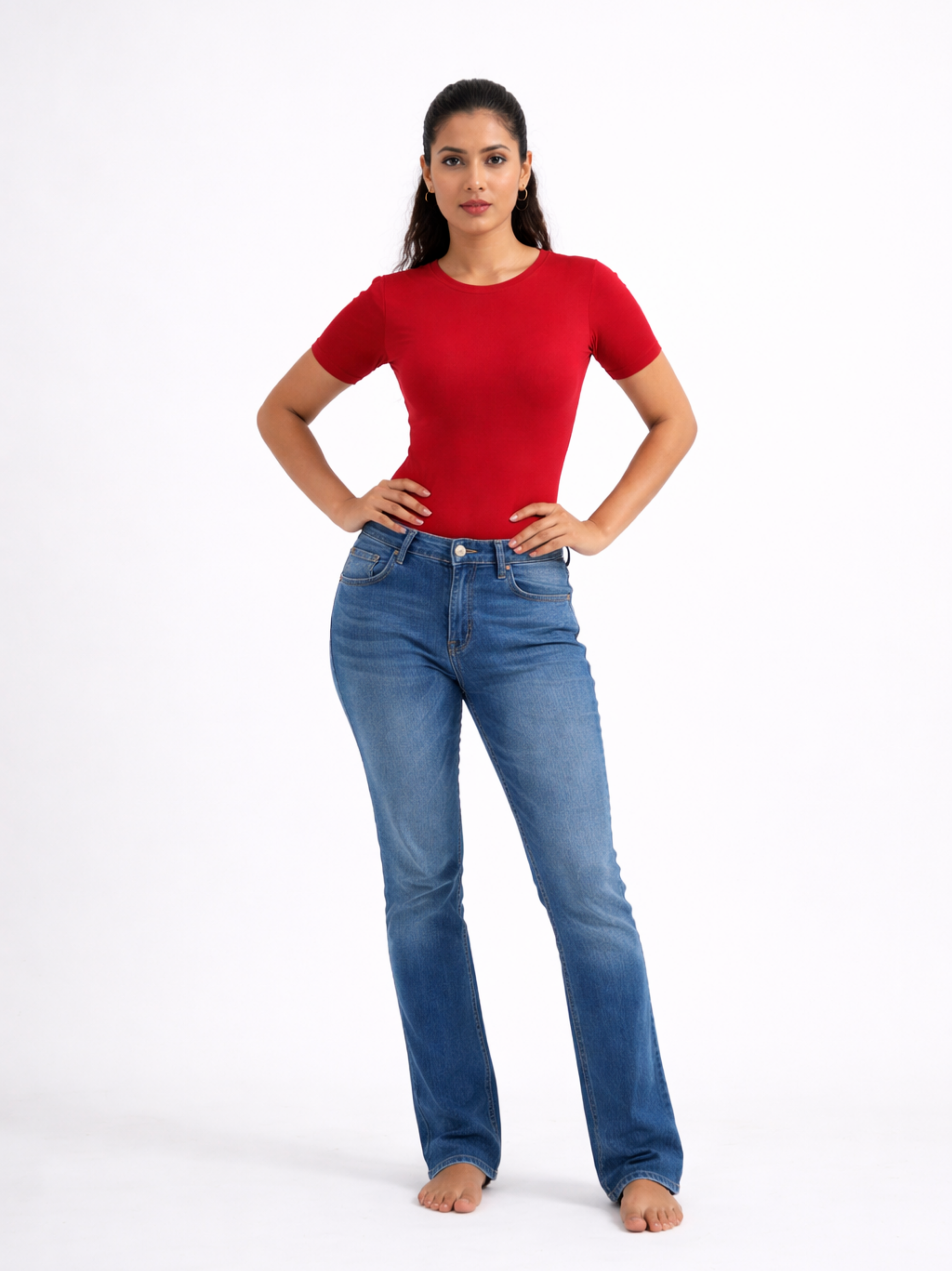 CHERRY RED HALF SLEEVES BUILT-IN SHAPEWEAR BODYSUIT