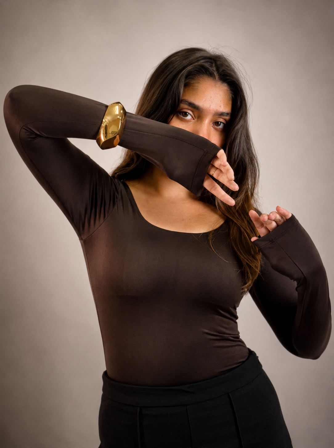 BROWN FULL SLEEVES BUILT-IN SHAPEWEAR BODYSUIT