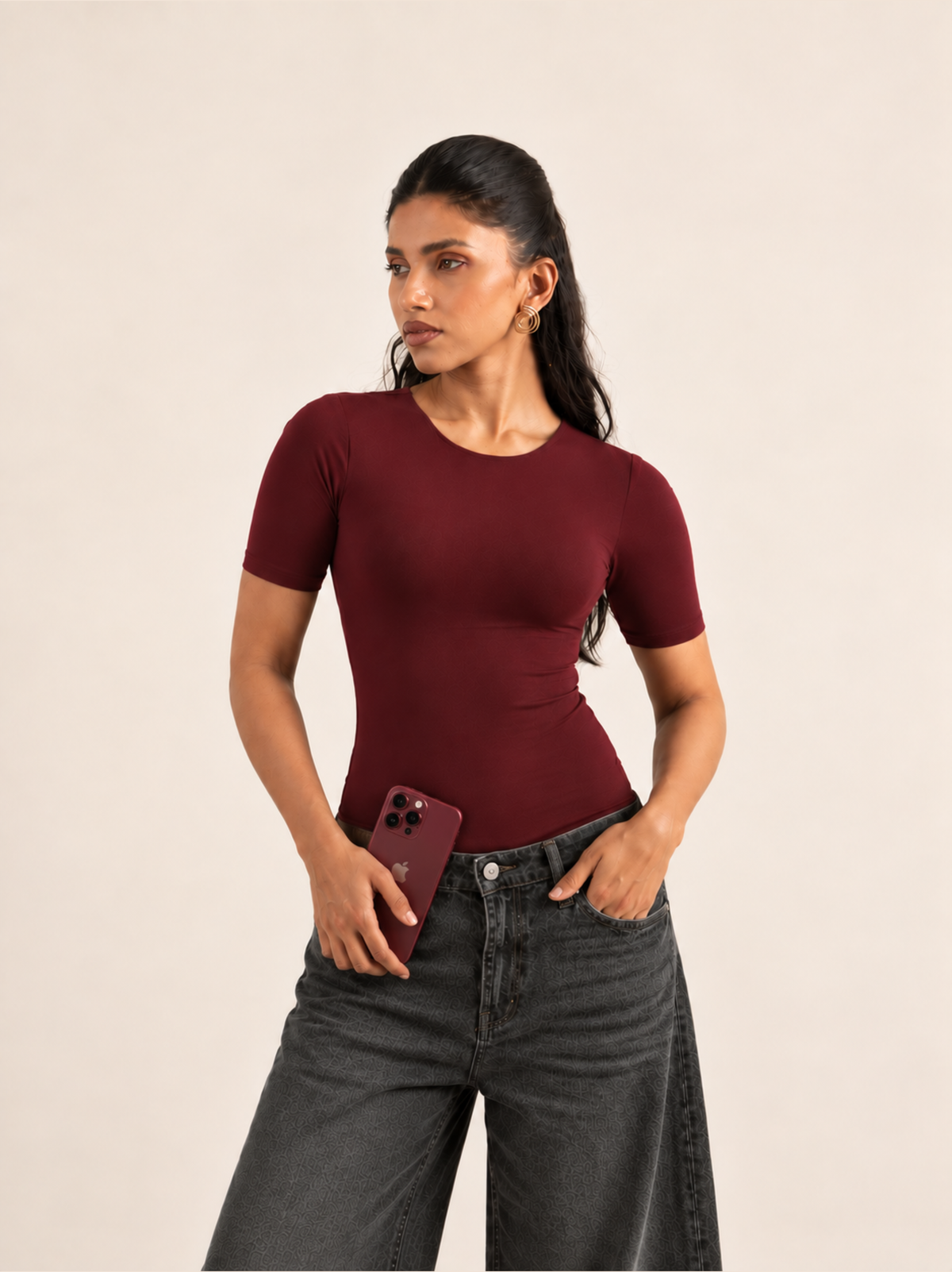 KAYSCULPT™ HALF SLEEVES BURGUNDY BUILT-IN BRA & SHAPEWEAR BODYSUIT