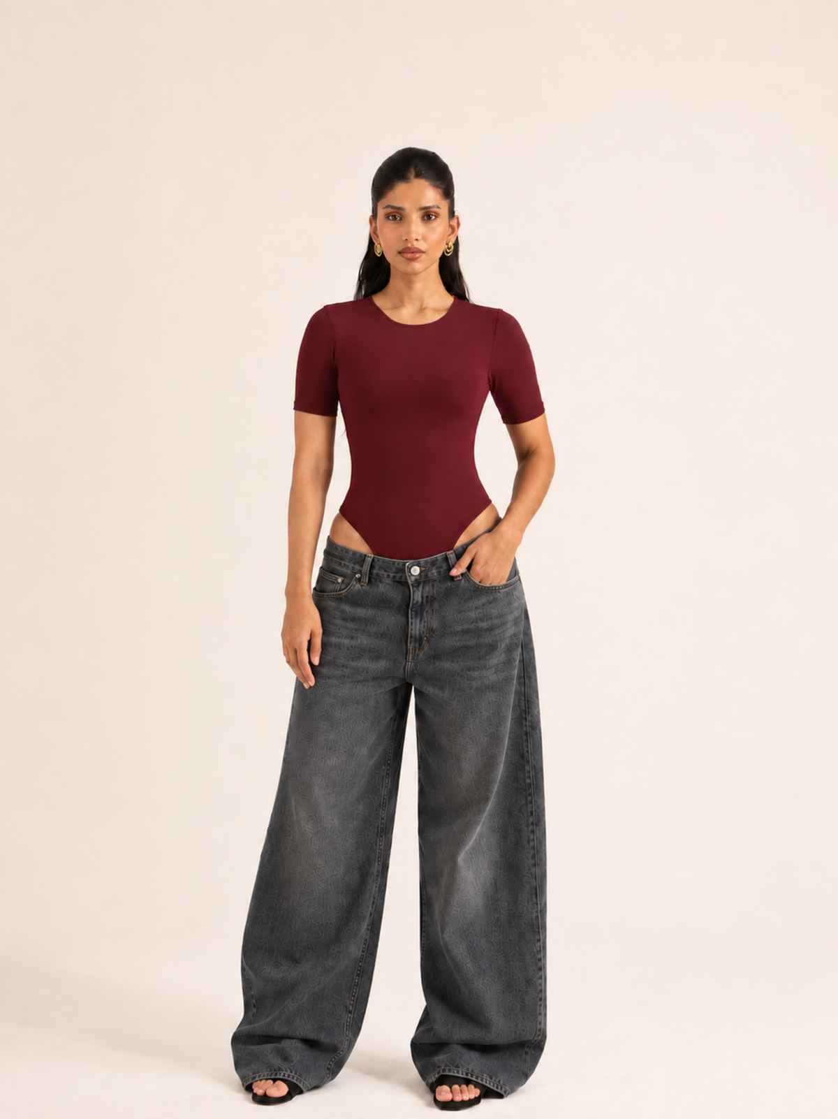 KAYSCULPT™ HALF SLEEVES BURGUNDY BUILT-IN BRA & SHAPEWEAR BODYSUIT