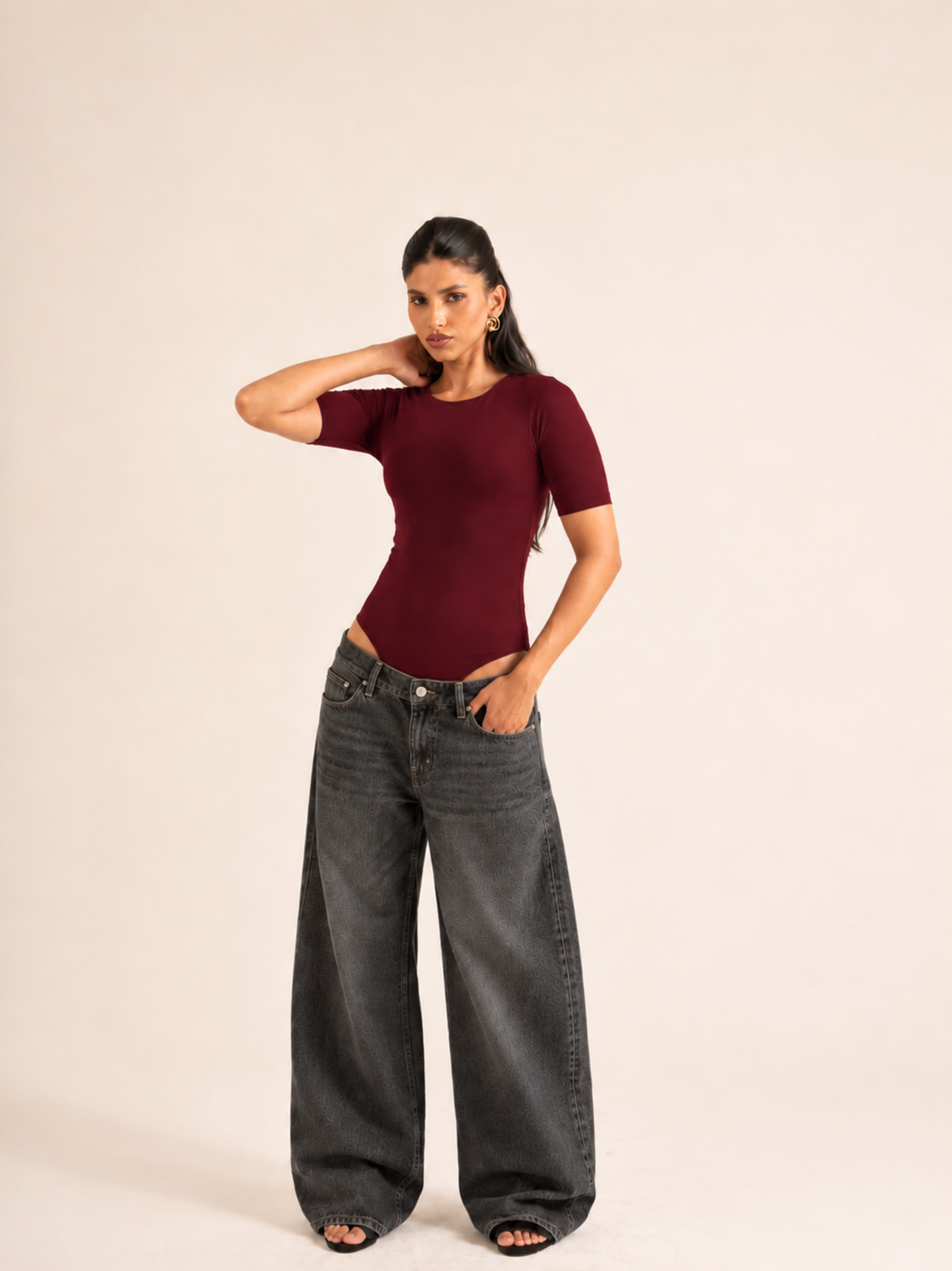 KAYSCULPT™ HALF SLEEVES BURGUNDY BUILT-IN BRA & SHAPEWEAR BODYSUIT