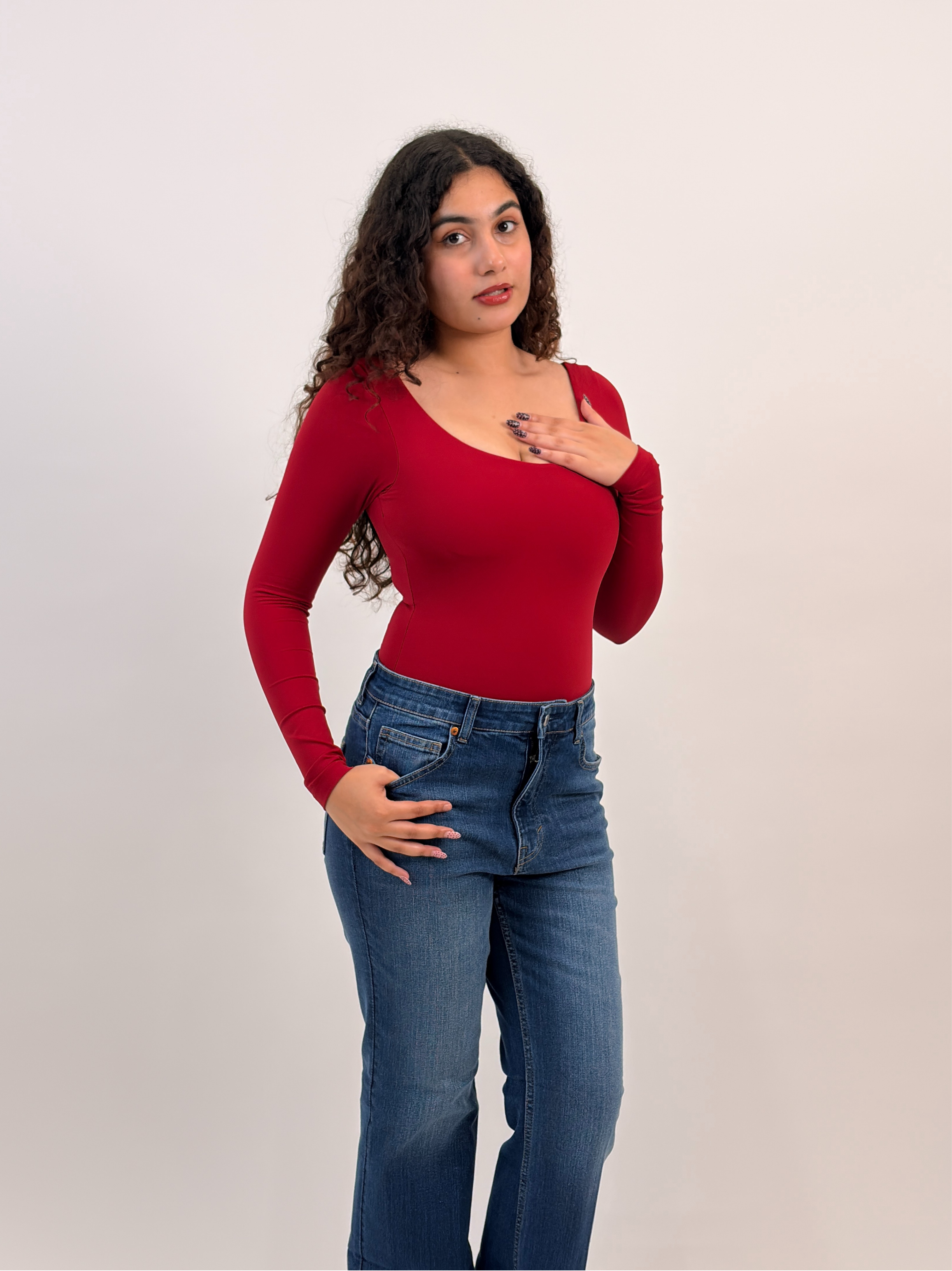 CHERRY RED FULL SLEEVES BUILT-IN SHAPEWEAR BODYSUIT