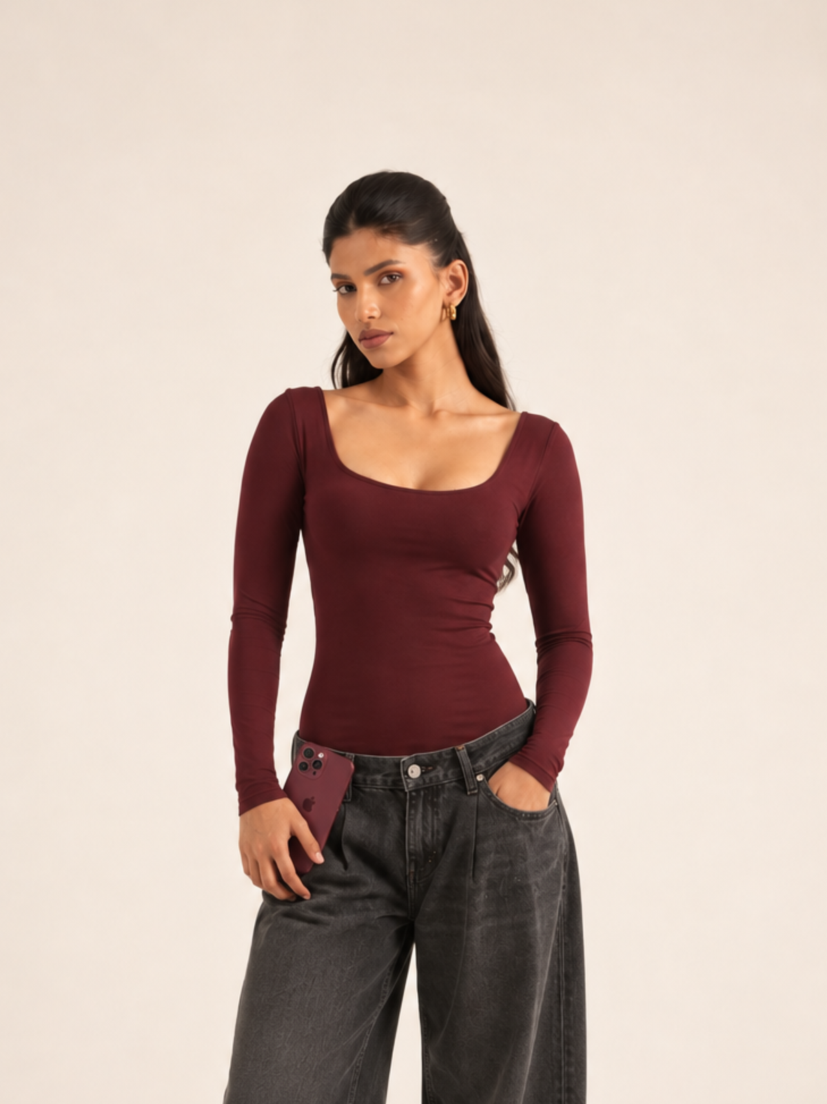 KAYSCULPT™ FULL SLEEVES BURGUNDY BUILT-IN BRA & SHAPEWEAR BODYSUIT