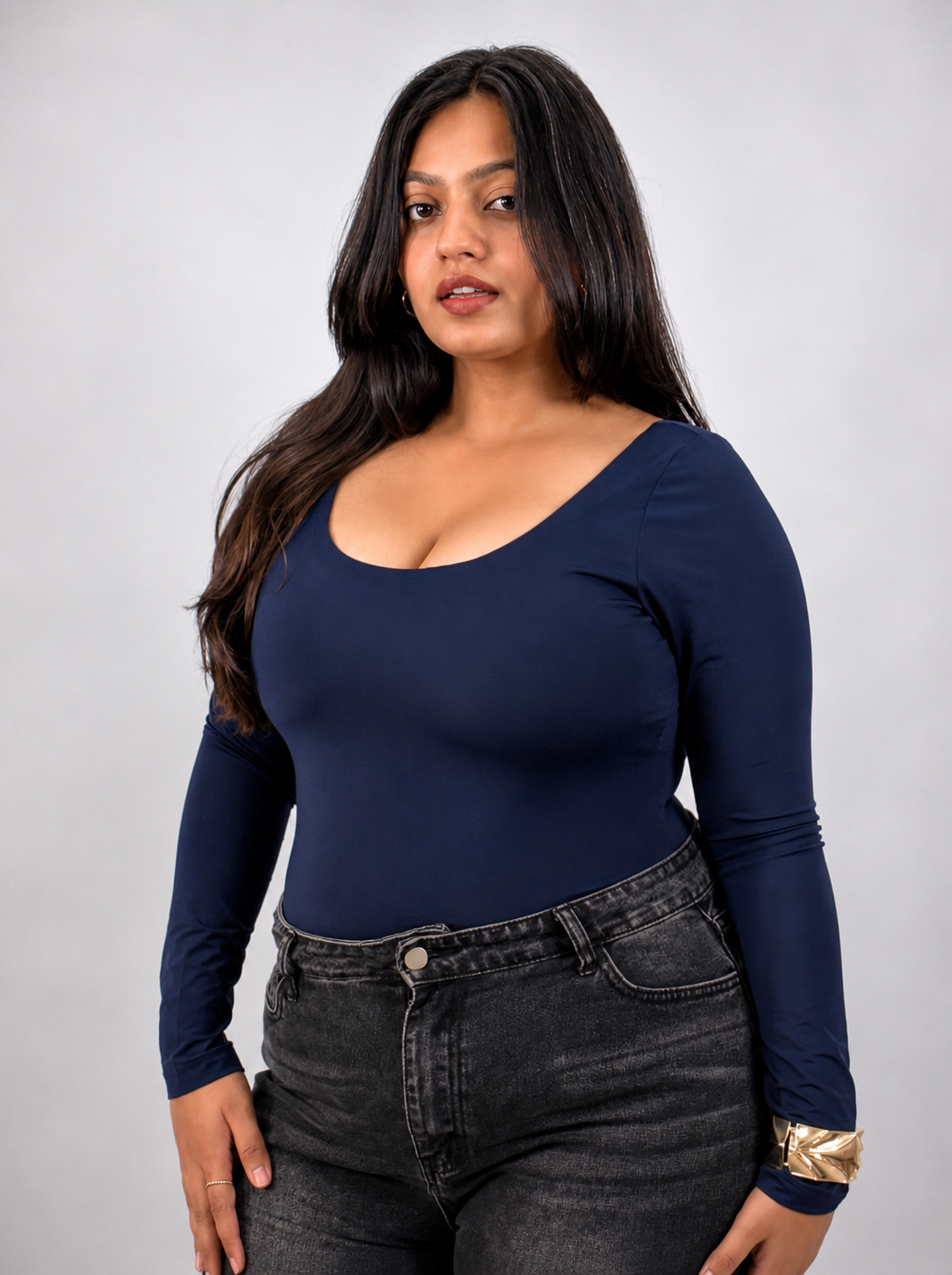 NAVY BLUE FULL SLEEVES BUILT-IN SHAPEWEAR BODYSUIT