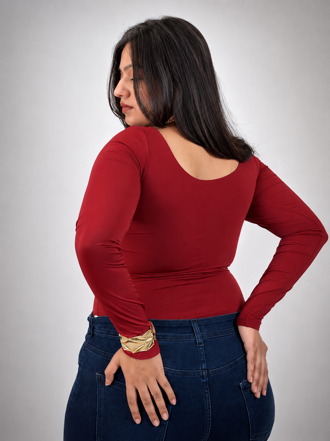 CHERRY RED FULL SLEEVES BUILT-IN SHAPEWEAR BODYSUIT