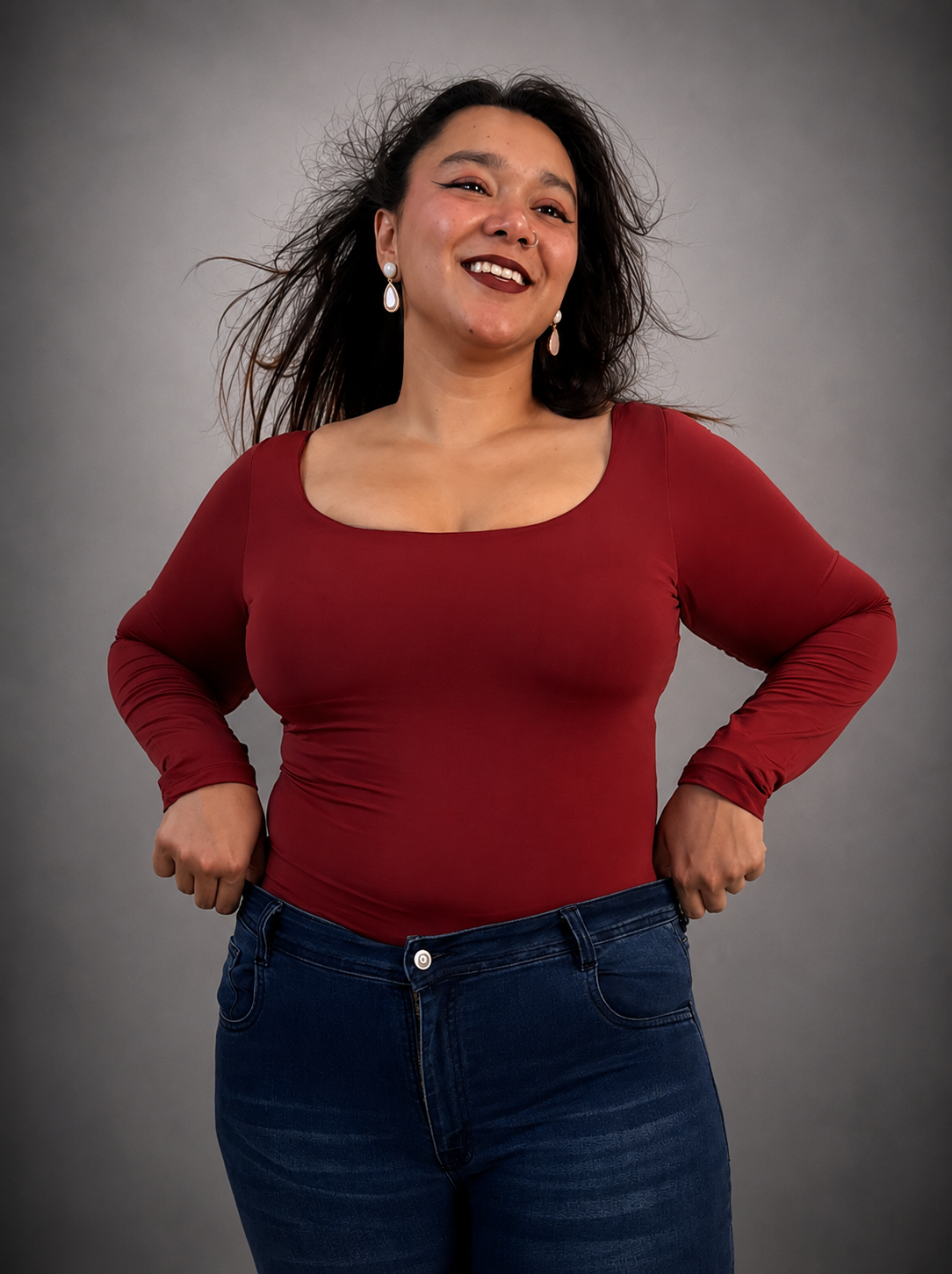 CHERRY RED FULL SLEEVES BUILT-IN SHAPEWEAR BODYSUIT