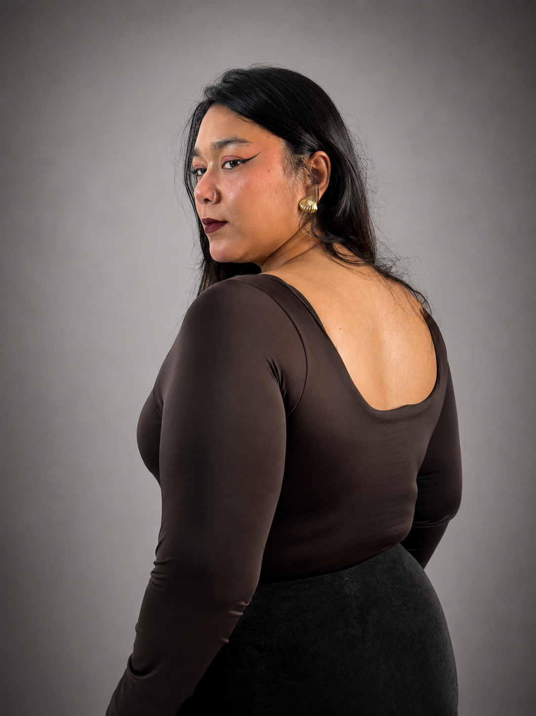 BROWN FULL SLEEVES BUILT-IN SHAPEWEAR BODYSUIT