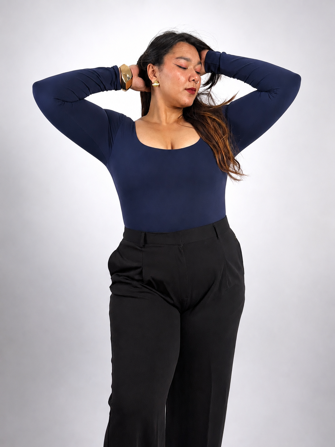 NAVY BLUE FULL SLEEVES BUILT-IN SHAPEWEAR BODYSUIT