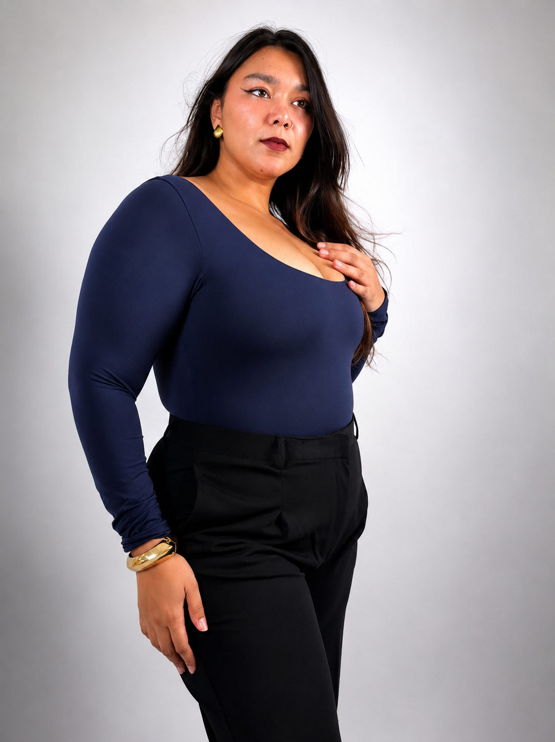 NAVY BLUE FULL SLEEVES BUILT-IN SHAPEWEAR BODYSUIT