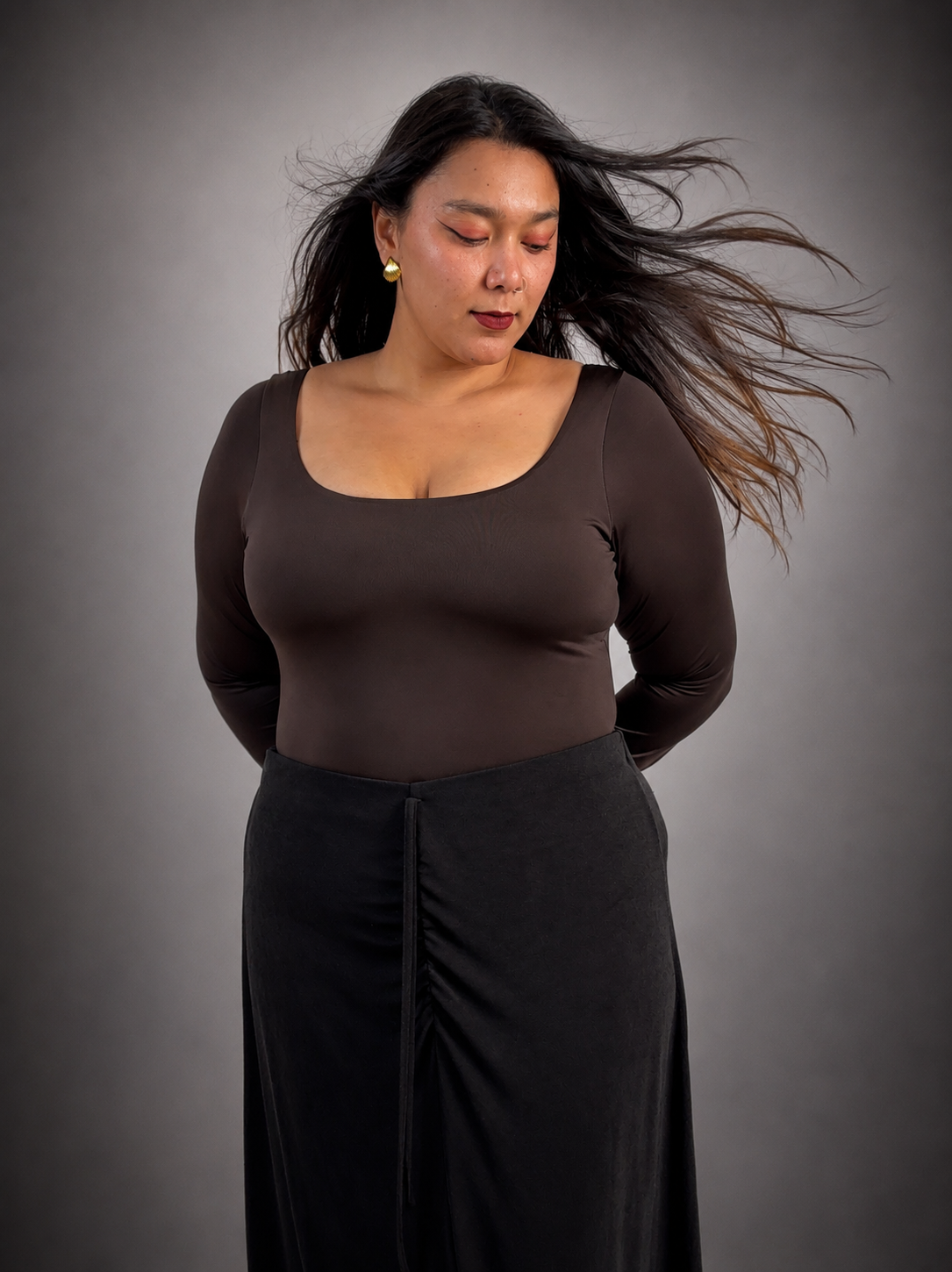 BROWN FULL SLEEVES BUILT-IN SHAPEWEAR BODYSUIT