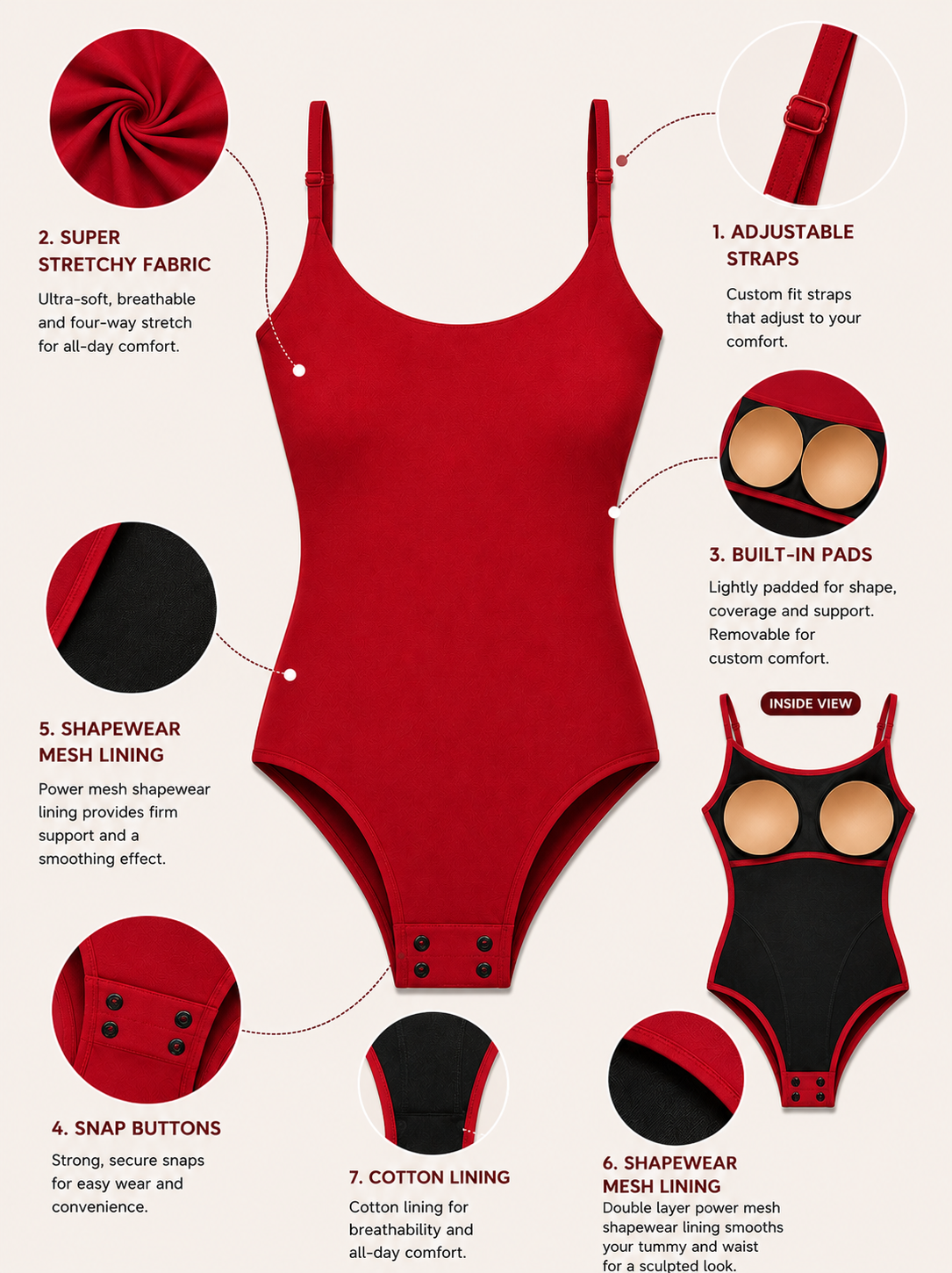 CHERRY RED BUILT-IN SHAPEWEAR STRAPS BODYSUIT