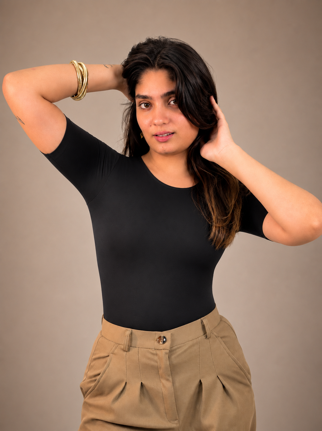 HALF SLEEVES BLACK BUILT-IN SHAPEWEAR BODYSUIT