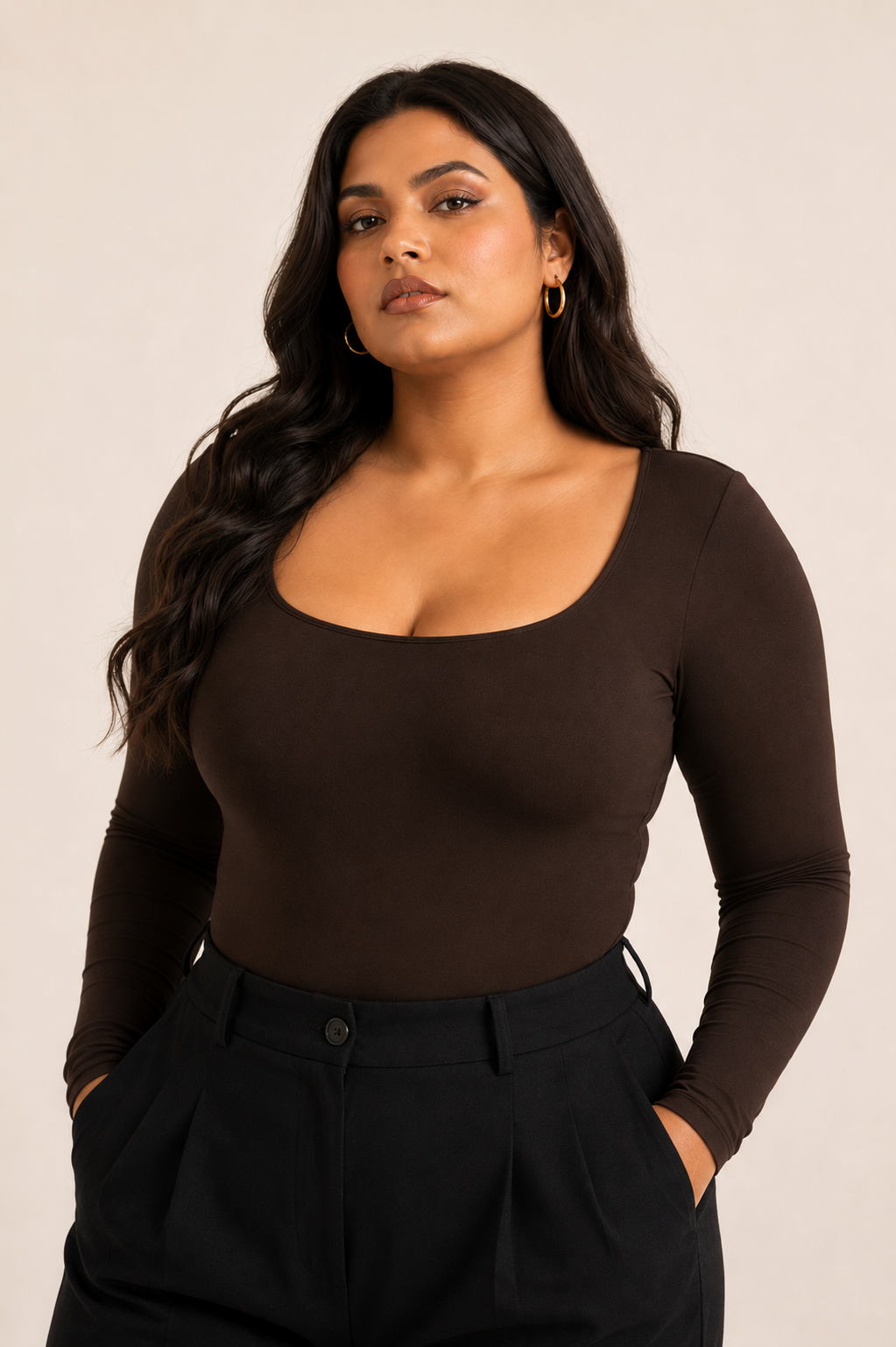 BROWN FULL SLEEVES BUILT-IN SHAPEWEAR BODYSUIT