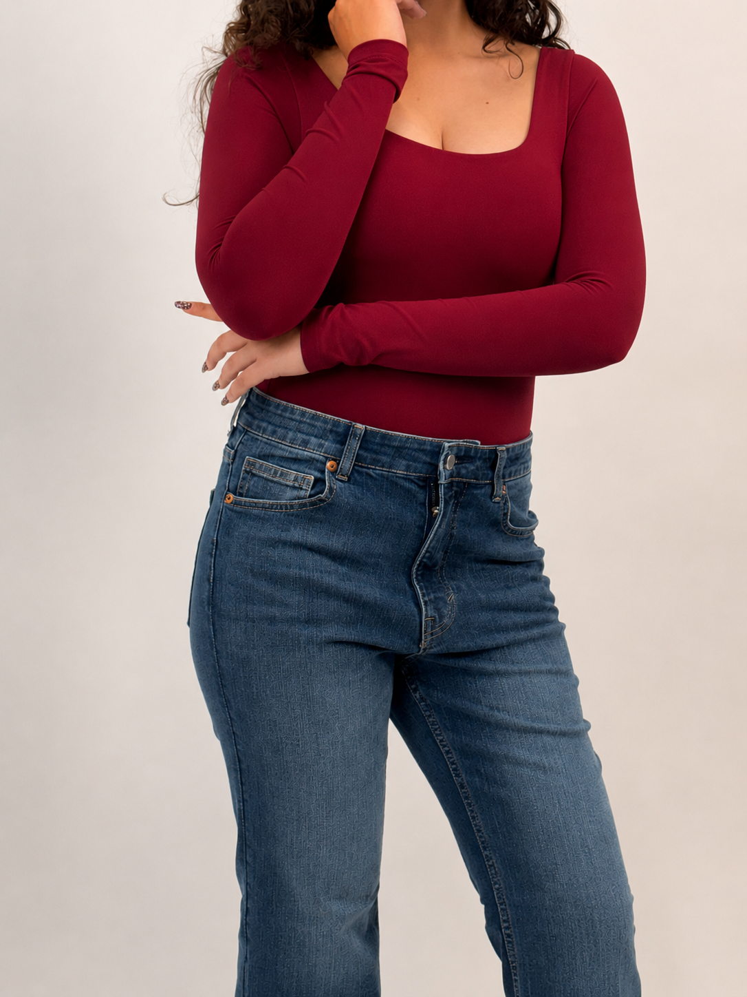 CHERRY RED FULL SLEEVES BUILT-IN SHAPEWEAR BODYSUIT