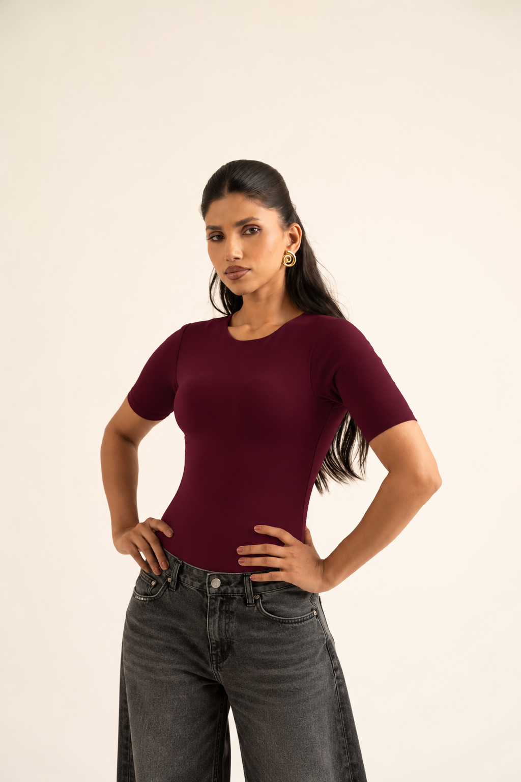 KAYSCULPT™ HALF SLEEVES WINE BUILT-IN BRA & SHAPEWEAR BODYSUIT