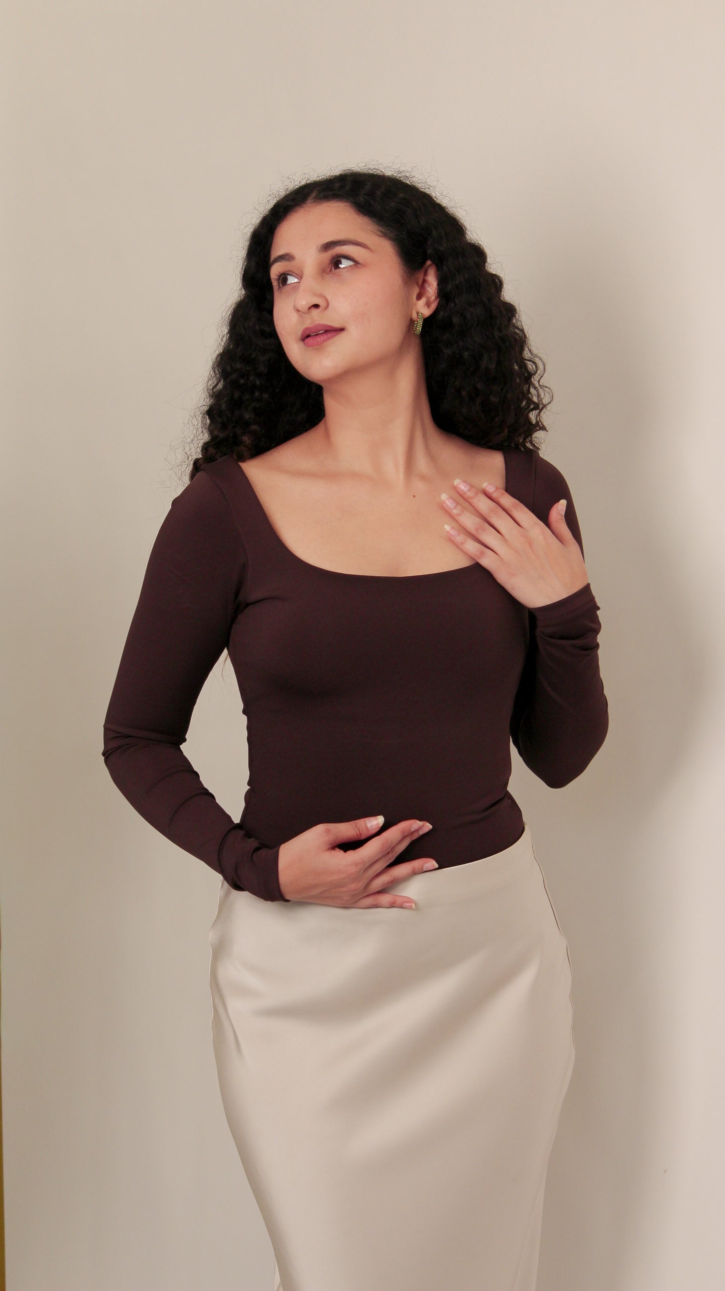 BROWN FULL SLEEVES BUILT-IN SHAPEWEAR BODYSUIT