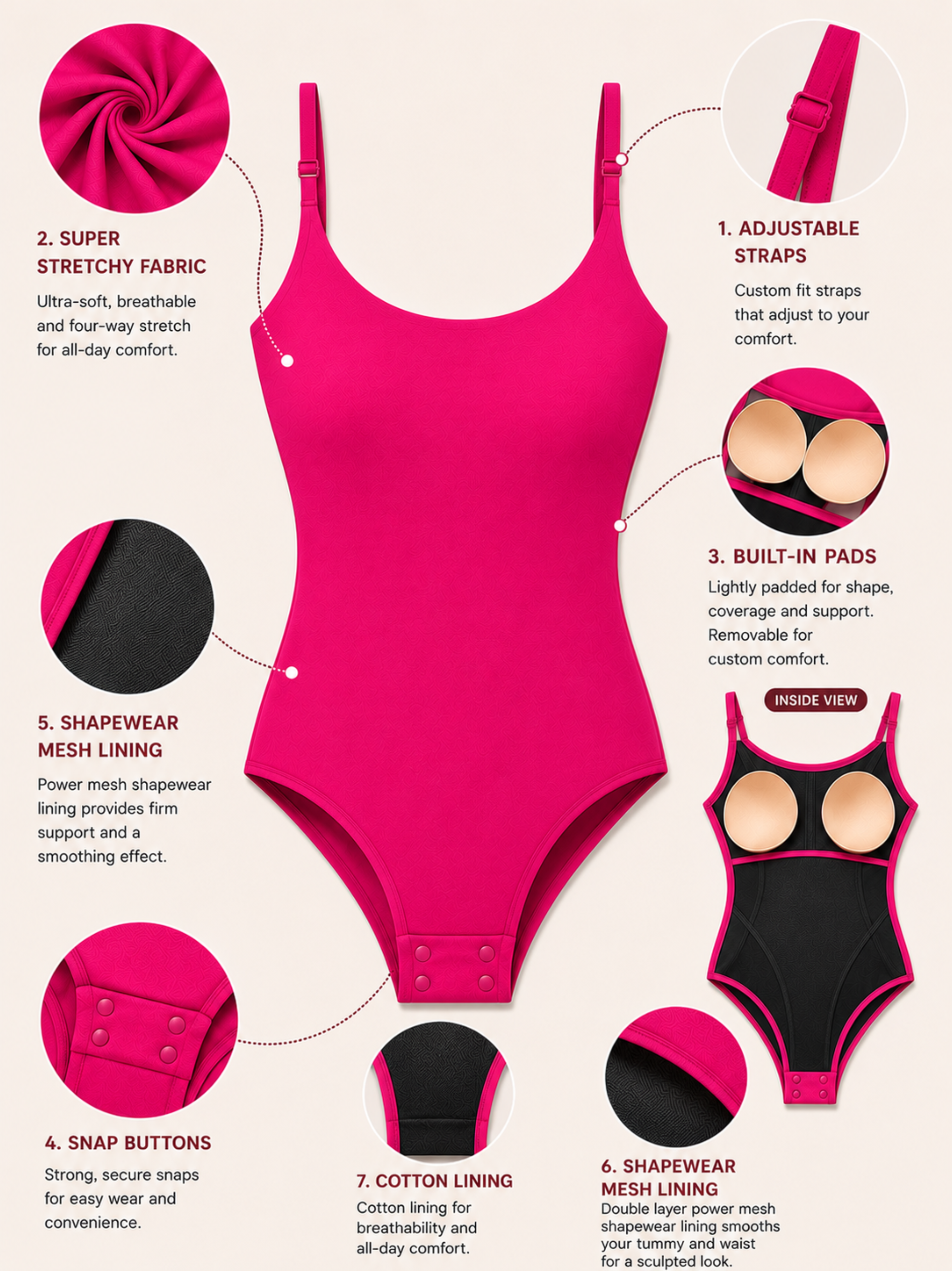 PINK BUILT-IN SHAPEWEAR STRAPS BODYSUIT